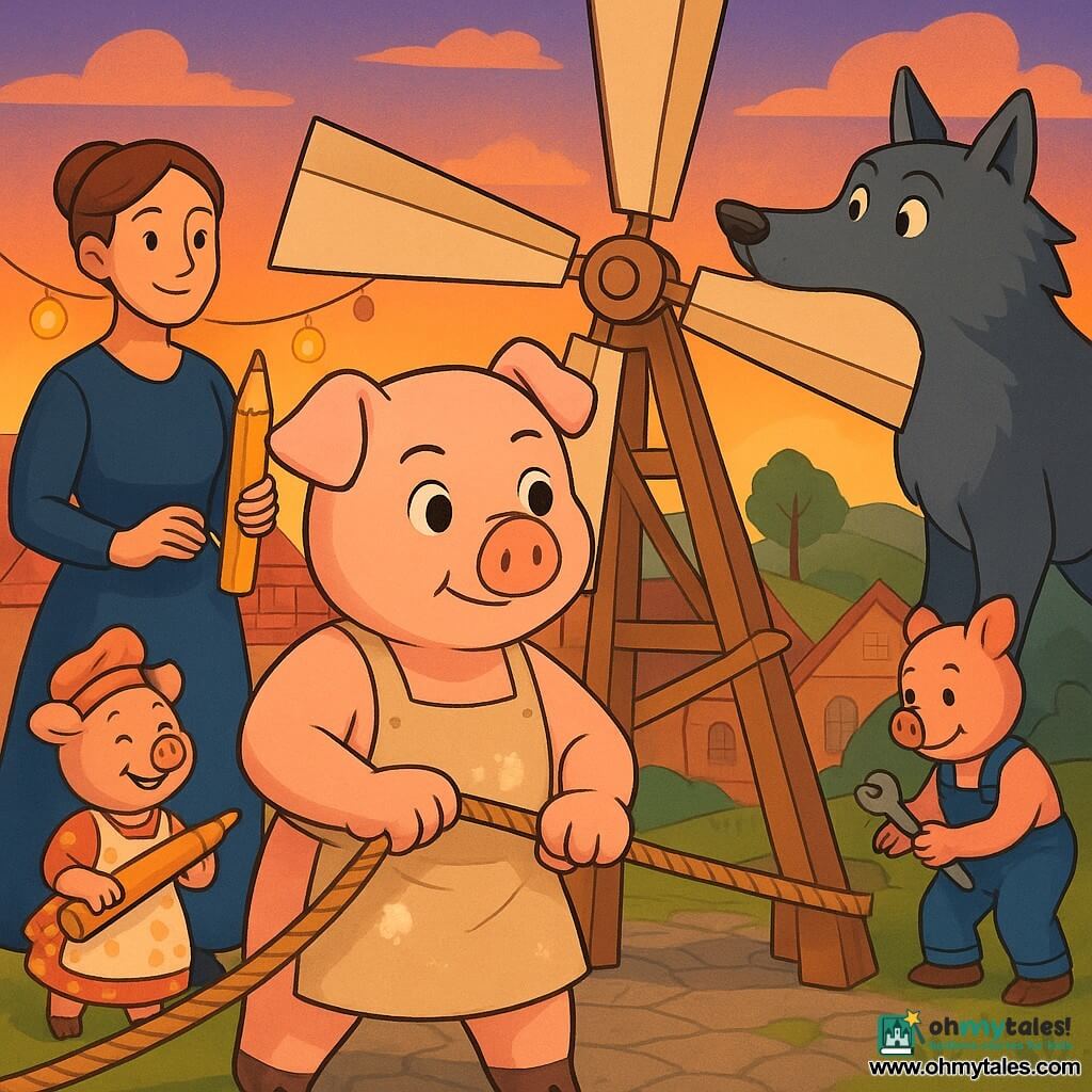 One of the Three Little Pigs (main character): pale pink male pig with soft round features, bright hazel eyes, determined kind expression, wearing a flour-stained beige baker's apron, holding a rope to help secure beams, standing in the foreground, active and focused; The Queen (secondary, adult woman): about 40, simple midnight-blue dress, brown hair in a bun, calm smile, confident gaze, holding a large golden pencil and supervising from the left slightly behind; The Big Bad Wolf (secondary): tall athletic dark-gray wolf with softened surprised expression, gently blowing toward a large wind turbine blade to spin it, positioned on a hill to the right; The two other pigs (secondary): pastry piglet Prue with a large rolling pin, polka-dot dress and apron, softly laughing near a sack of flour; mechanic pig Pip with a wrench and blue overalls, tightening a bolt on a mill, both near the main pig; Setting: picturesque village construction site at dusk with new brick houses and timber trellises, hanging lanterns, wooden-and-metal windmill, warm stone ground and green grass, orange-purple sky; Main situation: collaborative building of a safe neighborhood — characters securing a beam, wolf directing wind to the turbine, optimistic warm atmosphere, saturated contrasting colors, clear lines, composition centered on cooperation.