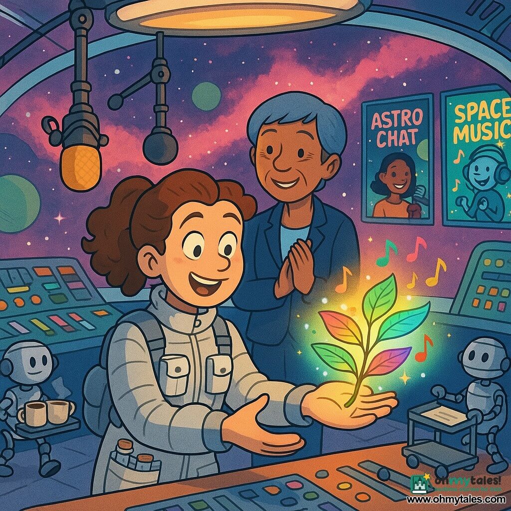 Dr. Lily, a fair-skinned woman with curly brown hair in a ponytail, stands center in a cozy, translucent bubble space-radio studio, eyes wide and smiling as she holds a small glowing rainbow-leaved plant that shimmers and emits colorful musical notes; Mira, 40, the studio director with short blue-gray hair in a navy suit, stands behind her at a glass podium applauding, while small silver rolling robots deliver cocoa and paper around them, glass walls reveal pink nebulae and green planets, and the scene is rendered in vivid colors, clean lines and soft textures in a landscape composition.