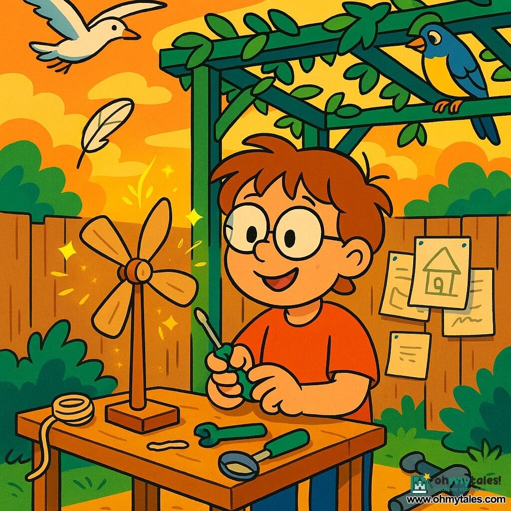 A man named Oliver with a round smiling face, tousled light brown hair and slightly askew round glasses, joyfully focused as he assembles a small wooden wind turbine with a screwdriver; a colorful blue-and-yellow bird perched on the green arbor watches and seems to encourage him while a stylized seagull flies overhead carrying a feather toward the turbine; an outdoor workshop under a green arbor with wooden planks, scattered tools (hammer, twine, magnifying glass), papers and sketches on a fence, warm sunset light, the mini turbine turning gently, breeze in the leaves and small yellow stars of creativity around the invention, vivid colors, thick outlines, hand-drawn textures, soft optimistic atmosphere