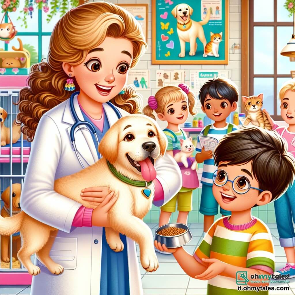 La Dottoressa Amore è una donna sorridente con lunghi capelli ricci, che indossa un camice bianco e ha uno stetoscopio al collo. È sommersa dagli abbracci di un Labrador dorato di nome Baffo, che scodinzola con entusiasmo. Accanto a lei c'è Marco, un bambino di circa 8 anni con occhiali tondi e capelli castani in disordine, che tiene un gattino tra le braccia, guardando la veterinaria con ammirazione. Un'altra bambina, Sofia, di 7 anni con due trecce bionde, si avvicina con una ciotola di croccantini, pronta a nutrire gli animali. La scena si svolge in uno studio veterinario luminoso, pieno di giocattoli per animali e poster colorati sui loro bisogni. La Dottoressa Amore spiega ai bambini come prendersi cura degli animali, mentre Baffo riceve coccole, creando un'atmosfera calorosa e amichevole.