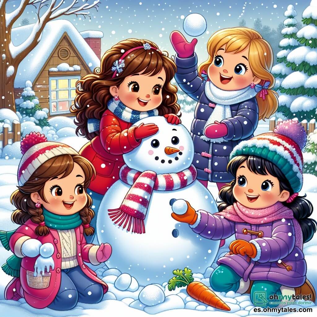 Cuatro chicas alegres, de unos 8 a 10 años, están en un jardín nevado. Ana, con cabello rizado y castaño, lleva un abrigo rojo y una bufanda a rayas, mientras hace una bola de nieve para el cuerpo de un muñeco de nieve. Clara, con trenzas rubias, viste un plumífero azul y un gorro colorido, sonríe lanzando copos de nieve al aire. Lucía, con cabello castaño y gafas, lleva un abrigo violeta y está agachada, colocando piedras para los ojos del muñeco de nieve. Por último, Sofía, con cabello negro y liso, busca una zanahoria en el jardín para la nariz del muñeco, vestida con una bufanda rosa. El jardín invernal está cubierto de nieve brillante bajo el sol, con árboles cargados de nieve y copos cayendo suavemente. Al fondo, se ve una pequeña casa de madera con humo saliendo de la chimenea, añadiendo calidez a la escena. Las cuatro amigas construyen un muñeco de nieve, riendo y disfrutando juntas, creando recuerdos alegres en la magia del invierno.