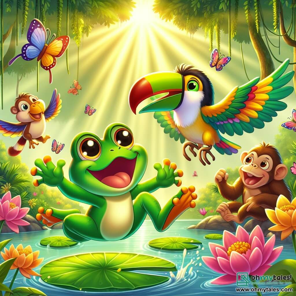 A shiny green frog named Benny, with big round eyes and a wide smile, is joyfully jumping on a lily pad, surrounded by colorful flowers and fluttering butterflies, expressing great excitement. Next to him, a colorful toucan named Tina, with a vibrant beak and bright feathers, is flying curiously, watching Benny with a friendly smile. In the background, a group of mischievous monkeys, with cheeky faces and brown fur, are playfully throwing bananas, adding a touch of craziness to the scene. The setting is a lush jungle filled with tall trees, dense foliage, hanging vines, and sunlight filtering through the branches, creating a magical and joyful atmosphere. The main situation shows Benny jumping to catch a rolling golden banana while the other animals enthusiastically cheer him on, ready to embark on a fun adventure together.
