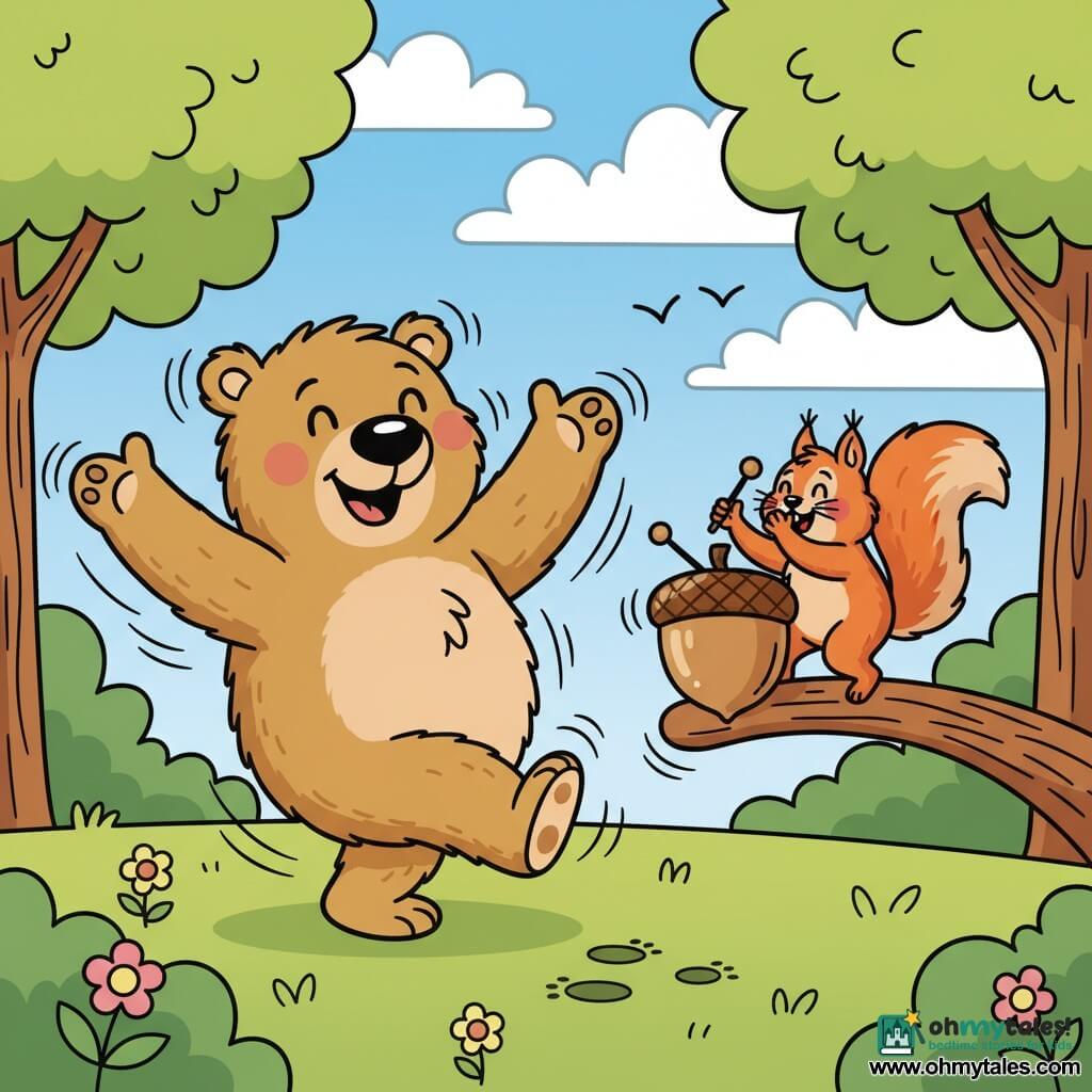 A round light-brown plush bear with a shiny black nose and rosy cheeks twirls on one paw, arms wide, smiling; beside it a small red squirrel with a bushy tail claps on a low branch with a shiny acorn drum between them in a sunny clearing of green grass and yellow flowers, rounded trees and a blue sky—the playful dance shows circular movements, laughter and footprints in the grass.