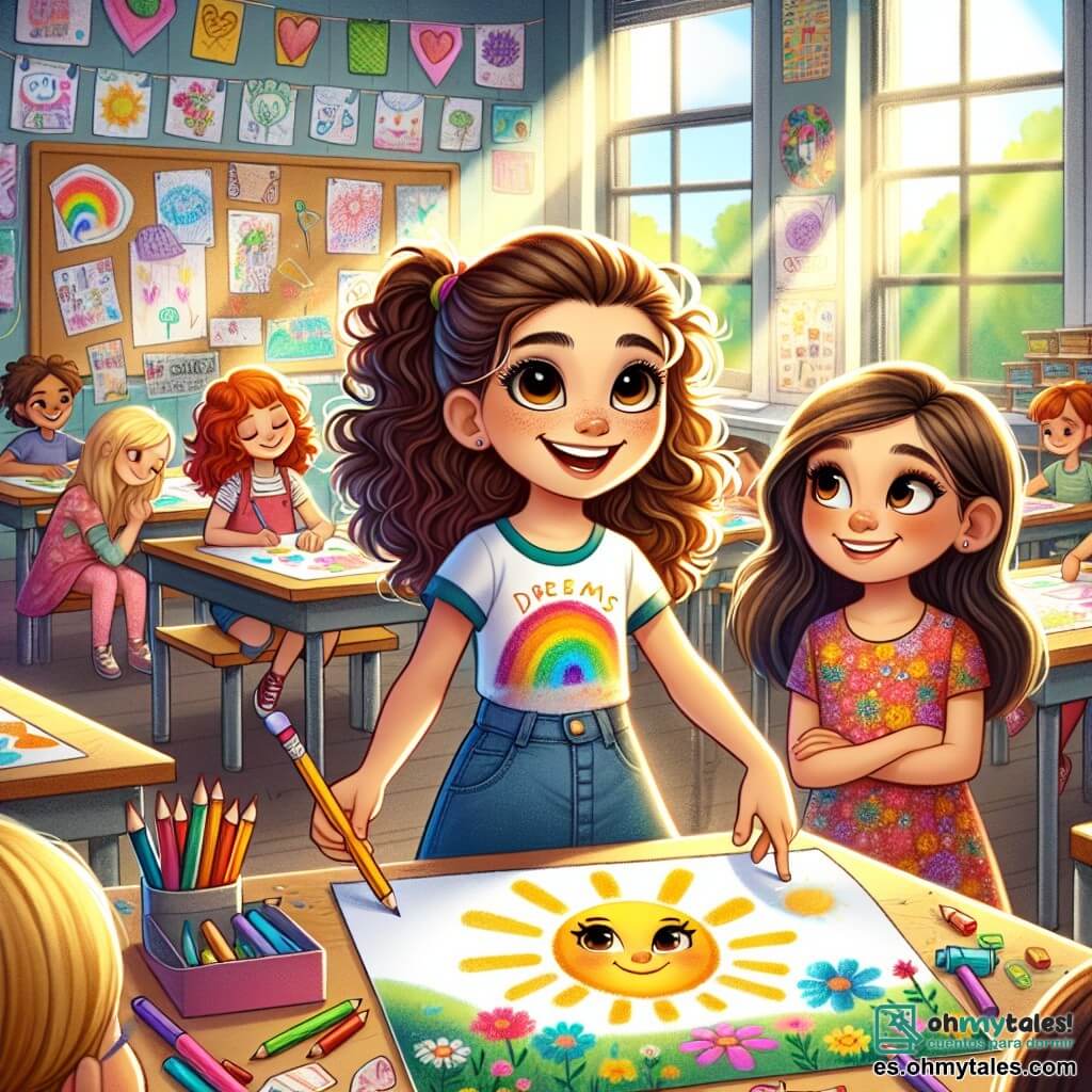 Una niña de 11 años, llamada Sofía, está en el centro de la imagen, con grandes ojos brillantes y una sonrisa radiante. Tiene el cabello rizado y marrón, recogido en dos coletas, y lleva una camiseta colorida con un diseño de lápices de colores y una falda de mezclilla. Sofía sostiene una gran hoja de papel en la que ha dibujado un paisaje soleado, simbolizando sus sueños. A su lado, Valeria, otra niña de 11 años, tiene el cabello largo y liso y lleva un vestido de flores. Está mirando el dibujo de Sofía con admiración, con las manos en las caderas y una sonrisa cómplice. El escenario es un aula luminosa, con paredes decoradas con dibujos de niños y carteles coloridos. Las ventanas dejan entrar la luz del sol, iluminando los escritorios de madera donde hay lápices, marcadores y cuadernos. La situación principal muestra a Sofía y Valeria trabajando juntas en su proyecto artístico, rodeadas de compañeros que las animan, creando una atmósfera alegre y colaborativa.