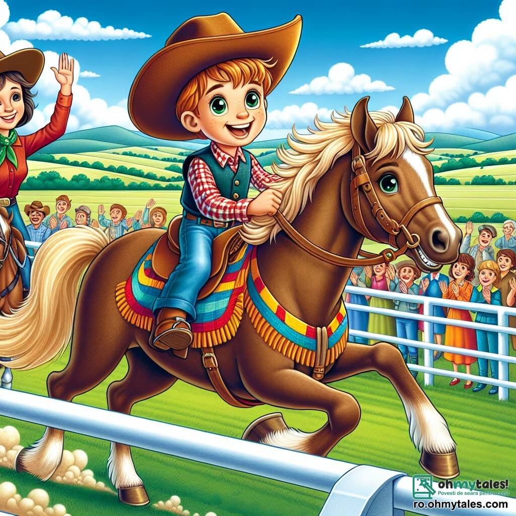 Un tânăr cowboy, Billy, un băiat de 10 ani cu părul castaniu deschis, poartă o pălărie mare de cowboy și o cămașă în carouri roșii și albastre. El are un zâmbet strălucitor pe față, arătându-și entuziasmul în timp ce călărește pe calul său loial, Sparky, un frumos armăsar brun cu coama aurie, care galopă cu energie. Lângă el, mama sa, o femeie de aproximativ 35 de ani cu părul lung și brun, poartă o rochie simplă și un fular colorat în jurul gâtului. Ea îi încurajează cu un zâmbet mândru, stând pe marginea pistei de curse, cu brațele ridicate în semn de susținere. Decorul este un câmp verde vast sub un cer albastru strălucitor, cu dealuri blânde la orizont și nori albi pufoși. Spectatorii sunt adunați în jurul pistei, aplaudând și încurajând participanții. Situația principală arată pe Billy și Sparky în plină cursă, pe cale să sară un obstacol, o piatră mare, cu hotărâre și entuziasm, ilustrând curajul și spiritul de aventură al tânărului cowboy.