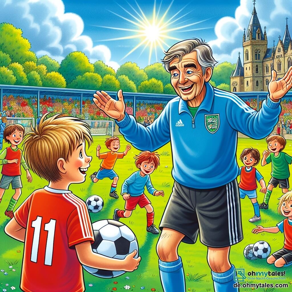 Im Mittelpunkt des Bildes steht ein Mann namens Jakob, ehemaliger Fußballspieler, auf einem grünen Fußballfeld. Er hat leicht ergraute braune Haare, ein warmes Lächeln und leuchtende Augen voller Leidenschaft. Gekleidet in ein blaues Fußballtrikot und schwarze Shorts, macht er eine ermutigende Geste mit offenen Armen, die Stolz und Freude ausstrahlt. An seiner Seite dribbelt ein etwa 10-jähriger Junge namens Tom einen Fußball. Er hat zerzauste blonde Haare, ein lächelndes Gesicht und trägt ein rotes Trikot. Tom schaut bewundernd zu Jakob auf, bereit, seine Ratschläge anzunehmen. Im Hintergrund versammelt sich eine Gruppe anderer Kinder, Jungen und Mädchen im Alter von 8 bis 12 Jahren, um Jakob, lacht und hat Spaß. Einige wärmen sich auf, andere unterhalten sich, was eine fröhliche und dynamische Atmosphäre schafft. Der Ort ist ein ehemaliges Fußballfeld, umgeben von großen, grünen Bäumen und bunten Blumen. Der Himmel ist blau mit einigen weißen Wolken, und die Sonne scheint, die Szene in warmes Licht tauchend. Die Hauptsituation zeigt Jakob, den Mentor, der seine Leidenschaft für den Fußball mit Tom und den anderen Kindern teilt, während sie sich auf ein Training vorbereiten, voller Aufregung und Begeisterung.