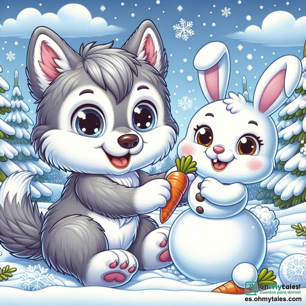 Un pequeño lobo de pelaje gris y suave, con grandes ojos brillantes de alegría, está construyendo un muñeco de nieve en un paisaje invernal. Sonríe ampliamente, sosteniendo una zanahoria para la nariz del muñeco. Junto a él, un adorable conejito blanco con grandes orejas y mejillas rosas, que salta de alegría, sostiene una bola de nieve en sus patas. Mira al lobo con una gran sonrisa, lleno de emoción. El escenario es un campo nevado, con árboles cubiertos de nieve brillante y un cielo azul claro salpicado de nubes blancas y esponjosas. Copos de nieve caen suavemente a su alrededor, añadiendo un toque mágico a la escena. La situación principal muestra al lobo y al conejo divirtiéndose juntos, creando un alegre muñeco de nieve que simboliza la amistad y la alegría del invierno.