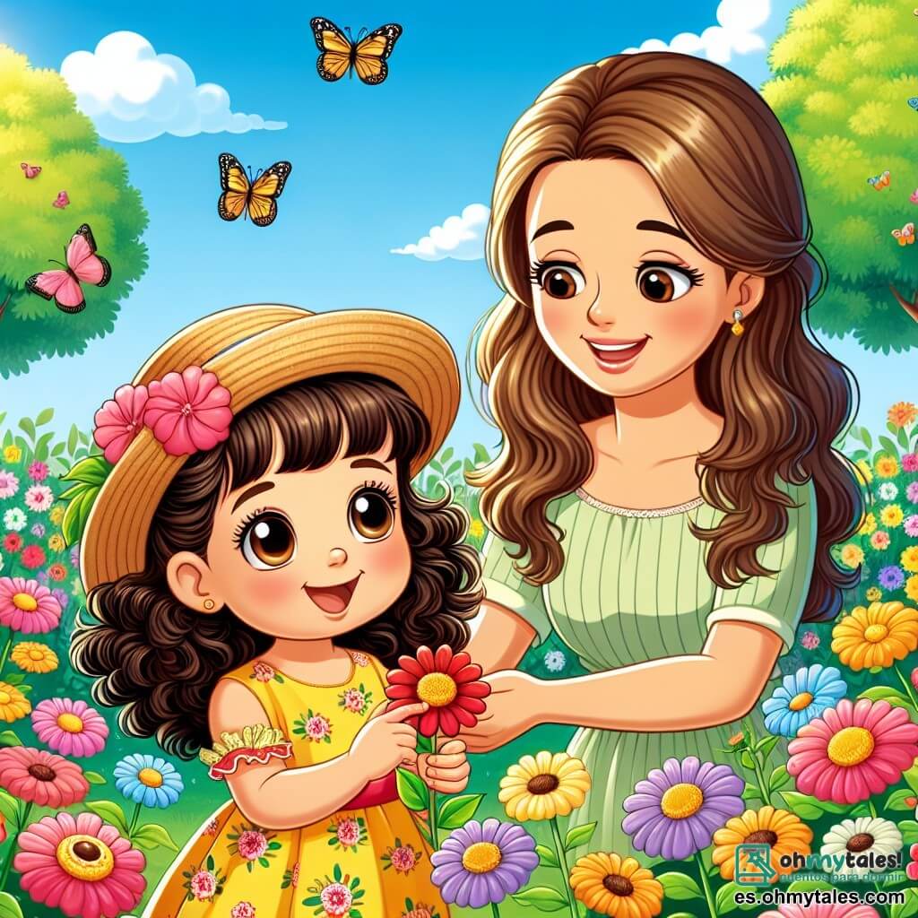 Una niña de 2 años, con grandes ojos brillantes y cabello rizado, lleva un vestido amarillo con flores y un sombrero de paja. Sonríe con asombro al tocar una flor suave en un jardín colorido. Su mamá, una mujer de unos 30 años con cabello largo y castaño, lleva un vestido ligero y está al lado de Ana, sonriendo y mostrándole otras flores. El jardín está lleno de flores brillantes de todos los colores, con mariposas volando alrededor y un cielo azul claro de fondo. Los árboles verdes bordean el jardín y el sol brilla alegremente. La escena principal muestra a Ana, maravillada por la belleza de las flores, tocando delicadamente una flor roja, mientras su mamá le explica cómo el sol las ayuda a crecer.