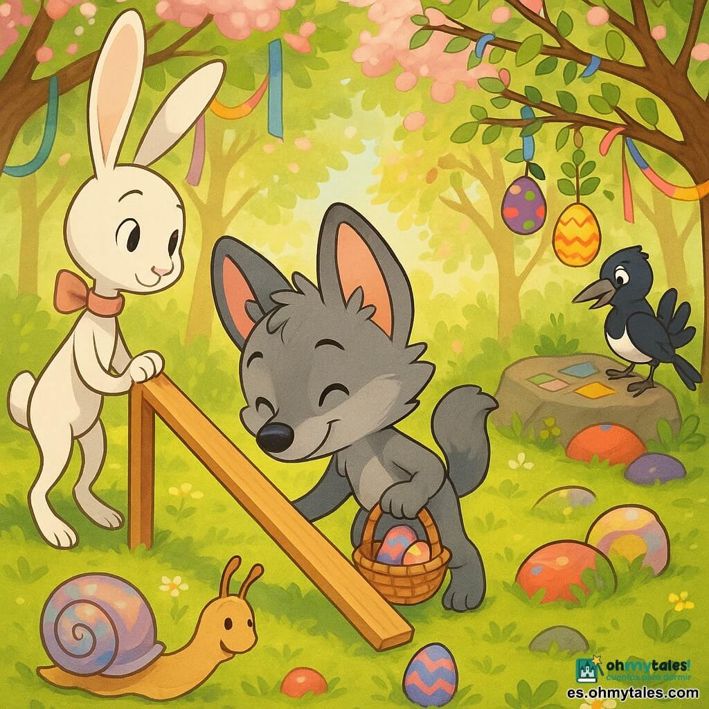 Luno, un pequeño lobo gris de pelaje suave y orejas redondas, sonríe concentrado sosteniendo una cestita de mimbre y oliendo un chocolate; el Caracol, con su concha nacarada, señala con paciencia un huevo oculto junto a Luno; la Coneja Blanca, una pequeña liebre de patas largas y lazo rosa, sujeta la rampa de madera a la izquierda para que Luno baje con cuidado un huevo alto; la Urraca, blanco y negra con un lazo amarillo en la cola, arregla papeles y pegatinas sobre una piedra; todo ocurre en una clara de cerezos con hojas verdes, piedras pintadas y guirnaldas de cintas, luz solar suave y pequeñas flores, mientras huevos de chocolate de colores cuelgan como frutos y los amigos se ayudan y miran sonriendo.