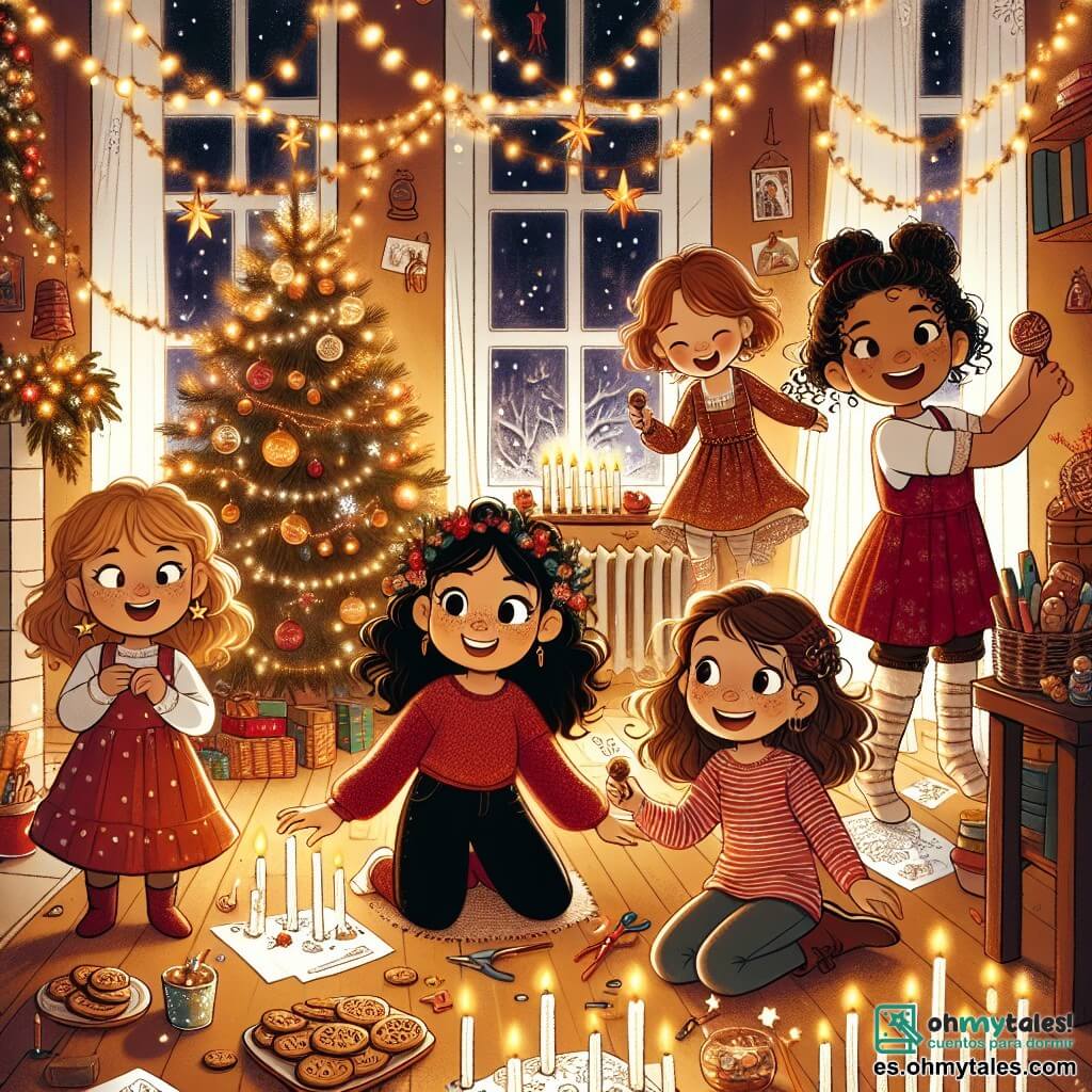 En el centro de la imagen, cinco niñas están juntas, radiantes de alegría. A la izquierda, Ana, una niña de 10 años con cabello rizado castaño, lleva un vestido rojo y sostiene un plato de pasteles navideños. Junto a ella, Sofía, una niña de 9 años con trenzas rubias, dibuja tarjetas de felicitación coloridas en una mesa. Valentina, de 11 años con cabello negro y gafas, cuelga guirnaldas brillantes del techo, sonriendo con entusiasmo. Clara, de 10 años con cabello castaño y pecas, baila alegremente con maracas. Finalmente, Lucía, la más pequeña con cabello corto y rizado, está sentada en el suelo, rodeada de velas encendidas, con los ojos abiertos de asombro. El escenario es un cálido salón de la "Casa de la Esperanza", lleno de decoraciones navideñas brillantes. Guirnaldas luminosas y estrellas de papel adornan las paredes, mientras un gran árbol de Navidad decorado con bolas coloridas y guirnaldas se erige en un rincón. La luz de las velas crea un ambiente suave y mágico, iluminando los rostros de las niñas. La situación principal muestra a las niñas preparando una fiesta navideña sorpresa para sus amigos, con risas y canciones que llenan el aire, ilustrando la magia y el espíritu de compartir de esta época festiva.