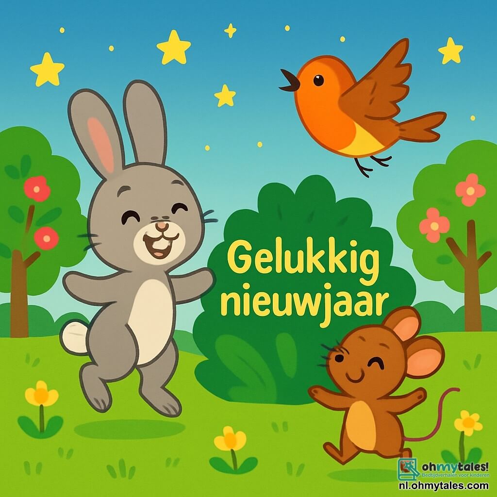 Een klein grijs konijntje genaamd Bobbie, met grote zachte oren en een witte neus, springt vrolijk in een groene weide met een grote glimlach van opwinding. Naast hem danst een klein muisje genaamd Mila, met een bruin vacht en sprankelende ogen, draaiend van blijdschap. Een roodborstje genaamd Pippa, met feloranje veren en glanzende vleugels, vliegt om hen heen en zingt vrolijk. De plek is een uitgestrekte zonnige weide, omringd door groene en bloeiende bomen, waar fonkelende sterren beginnen te verschijnen in de lichtblauwe lucht van de schemering. In het midden van de scène staan Bobbie, Mila en Pippa rond een groot groen blad, waarop in gouden letters "Gelukkig nieuwjaar" staat geschreven, terwijl ze samen de komst van het nieuwe jaar vieren in een feestelijke en warme sfeer.
