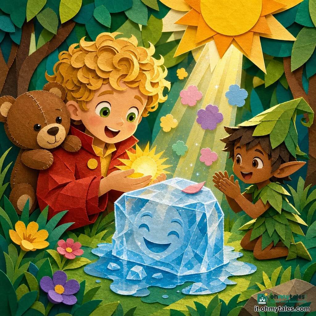 Un bimbo di 6 anni, Leo, capelli biondi ricci, occhi verdi, giacca rossa con bottoni gialli, sorride mentre tiene un piccolo raggio di sole dorato verso un grande blocco di ghiaccio a forma di volto; un orsetto marrone cucito, Toby, sulla sua spalla sinistra guarda complice; a destra un folletto di carta chiamato Filo, vestito di foglie verdi e cappello appuntito, batte le mani; radura forestale magica con alberi a strati, erba verde smeraldo e fiori, blocco di ghiaccio traslucido al centro che si scioglie sotto il raggio, piccole scintille di risata come nuvolette colorate e un petalo rosa sulla superficie; palette vivace (gialli caldi, verdi profondi, rossi vivaci, blu ghiaccio), texture da carta ritagliata, ombre morbide, atmosfera tenera e giocosa adatta ai bambini.
