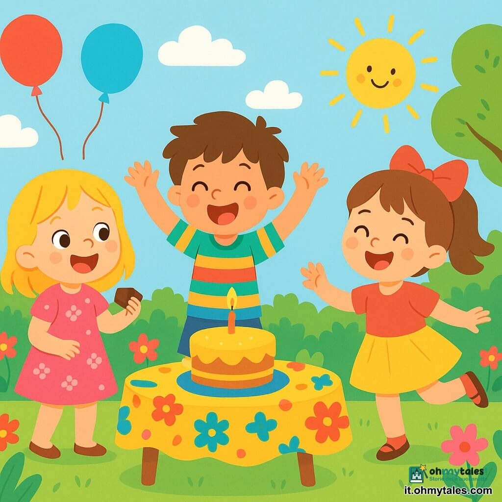 Ci sono 3 personaggi: Anna, una bambina di quasi 3 anni con capelli biondi e occhi scintillanti, indossa un vestito rosa con motivi floreali e sorride felice tenendo un pezzo di torta; Luca, un ragazzo di 3 anni con capelli castani disordinati e una maglietta a righe colorate, sta ballando entusiasta vicino ad Anna; Sofia, una bambina di 3 anni con capelli castani e un grande fiocco rosso, fa una piroetta con un grande sorriso, un piccolo tamburello in mano, accanto a Luca. La scena si svolge in un giardino soleggiato, pieno di fiori colorati e verde, con un grande tavolo al centro, decorato con una tovaglia a motivi vivaci, palloncini fluttuanti e una torta deliziosa al centro, con una candela accesa. I bambini stanno giocando insieme a statue musicali, con espressioni di gioia ed eccitazione, pronti a fermarsi come statue mentre la musica risuona intorno a loro.