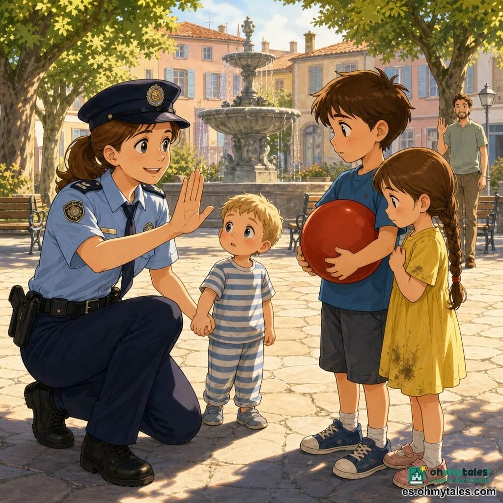 Una mujer policía sonriente y amable, de unos cuarenta años, pelo castaño recogido en cola, uniforme azul claro con gorra, agachada mostrando la palma de la mano en señal de "Stop", expresión cálida; un niño, Hugo, de unos 8 años, pelo castaño corto, sostiene una gran pelota roja bajo el brazo y mira a la policía con vacilación a su derecha; una niña, Carla, de unos 7 años, con una larga trenza castaña y vestido amarillo algo sucio de juego, mira la pelota con gesto sombrío y luego una sonrisa tímida a la izquierda de Hugo y cerca de la policía; un niño pequeño perdido de unos 3 años, rubio y con pijama o camiseta de rayas, sujeta la mano de la policía y mira al padre en el fondo; la plaza del pueblo está empedrada con piedras claras, fuente redonda en el centro, bancos de madera, árboles de hojas verdes claras y edificios pastel al fondo, luz suave de final de la tarde y sombras largas; la escena muestra el juego "Stop": la policía enseña a los niños a levantar la mano para decir "Stop", miradas atentas, gestos claros, sonrisas y ambiente de ayuda y respeto mutuo.