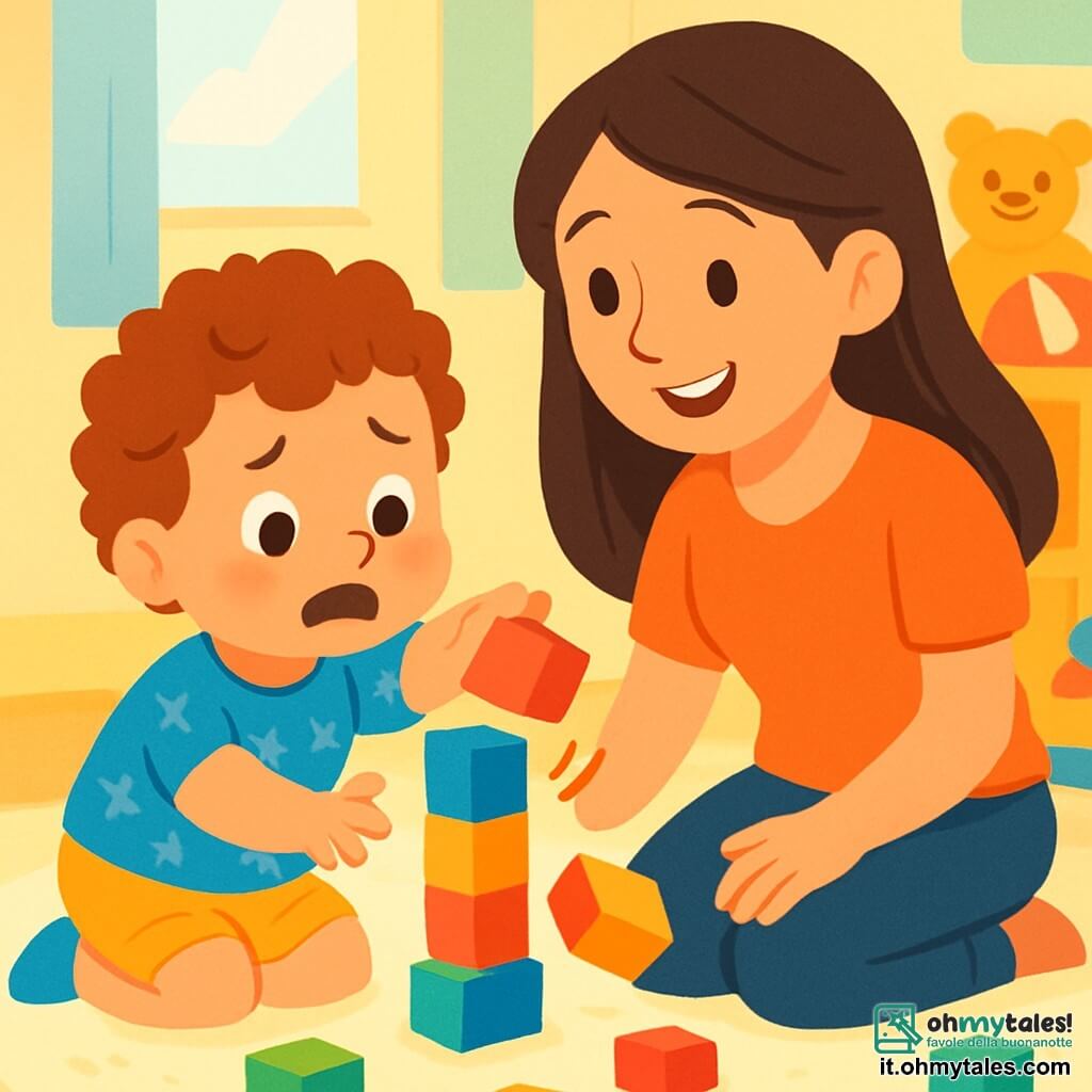 Un bambino di 2 anni, con capelli ricci e occhi vivaci, guarda una torre di blocchi colorati con espressione di curiosità e preoccupazione. Indossa una maglietta blu con stelle e pantaloni corti gialli. Accanto a lui, sua madre, una donna di circa 30 anni con capelli lunghi e castani, sorride dolcemente incoraggiandolo. È inginocchiata accanto a lui, pronta ad aiutarlo a costruire la torre. La scena si svolge in una stanza luminosa, piena di giocattoli colorati, con un tappeto morbido e muri dipinti di colori pastello. Raggi di sole filtrano da una finestra, illuminando i blocchi di legno sparsi attorno a loro. Il bambino prova a posizionare un blocco sulla torre, ma questa crolla, suscitando un momento di sorpresa. Sua madre lo rassicura con un sorriso caloroso, mostrandogli che può sempre riprovare.