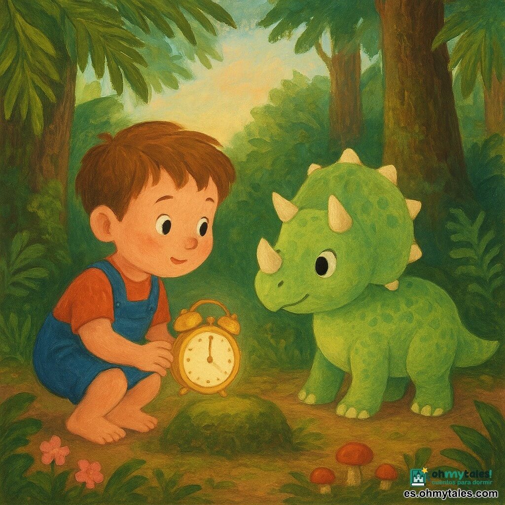 Hay dos personajes: Lucas, niño de 3 años de cabello castaño claro, mejillas redondas y ojos curiosos, con una pequeña peto azul y un despertador dorado brillante en la mano izquierda, situado a la izquierda de la imagen, agachado y mirando al dinosaurio; y Dino, un dinosaurio bebé presentado como personaje animal, de género neutro con rasgos suaves, un pequeño triceratops de escamas verde tierno y cuernos cortos crema, ojos grandes y amigables, a la derecha, de pie sobre tres patas e inclinando la cabeza hacia Lucas. El lugar es un bosque prehistórico exuberante con helechos gigantes, troncos cubiertos de musgo, cielo pastel entre las ramas, flores rosas y hongos redondeados en primer plano y suelo terroso con hojas espesas. Situación: Lucas y Dino se encuentran y juegan junto al despertador mágico sobre una piedra musgosa; la atmósfera es dulce y de asombro, con colores cálidos y contrastes suaves, gestos amistosos y composición centrada en su mirada compartida y en el débil resplandor del despertador.