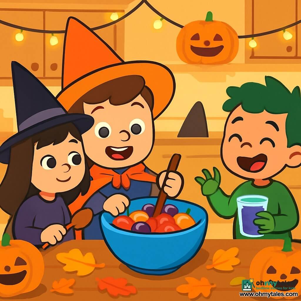 A 4-year-old boy named Max wears a shiny orange cape and a large pointed hat. He has sparkling eyes and a big smile as he mixes a fruit potion in a blue bowl. Next to him, Mia, a 5-year-old girl dressed as a witch in a purple dress and black hat, watches Max with curiosity, holding a wooden spoon. Ben, another 4-year-old boy with green monster claws and a wiggly tail, stands a bit back, laughing and holding a glass of potion. The scene takes place in a cozy kitchen decorated with string lights and smiling pumpkins. Bright colors illuminate the room, and autumn leaves are scattered on the table. Max, Mia, and Ben are preparing a magical fruit potion for Halloween, filled with red apples, juicy oranges, and purple grapes, creating a joyful and festive atmosphere.