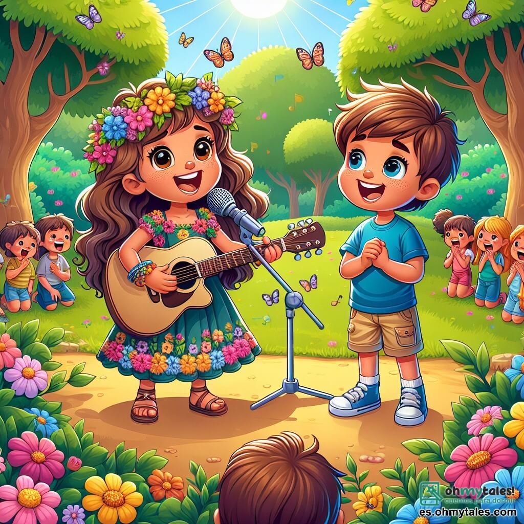 En un parque soleado, una niña llamada Sofía, de unos 12 años, está en el centro de la imagen, sonriendo y llena de alegría. Tiene el cabello largo y ondulado, un vestido colorido con flores y sostiene una guitarra acústica, con ojos brillantes de emoción mientras canta con pasión. A su lado, Lucas, un niño de 10 años, está de pie con una gran sonrisa. Tiene el cabello corto y castaño, lleva una camiseta azul y un pantalón corto beige, mirando a Sofía con admiración y también cantando, con los brazos ligeramente levantados como si compartiera su alegría con el mundo. El parque está lleno de flores de colores vivos, con majestuosos árboles que ofrecen sombra, y niños divirtiéndose al fondo, atraídos por la música. Mariposas vuelan a su alrededor, añadiendo un toque mágico a la escena. Sofía y Lucas están dando un pequeño concierto improvisado, rodeados de un grupo de personas que los aplauden, creando una atmósfera alegre y festiva.