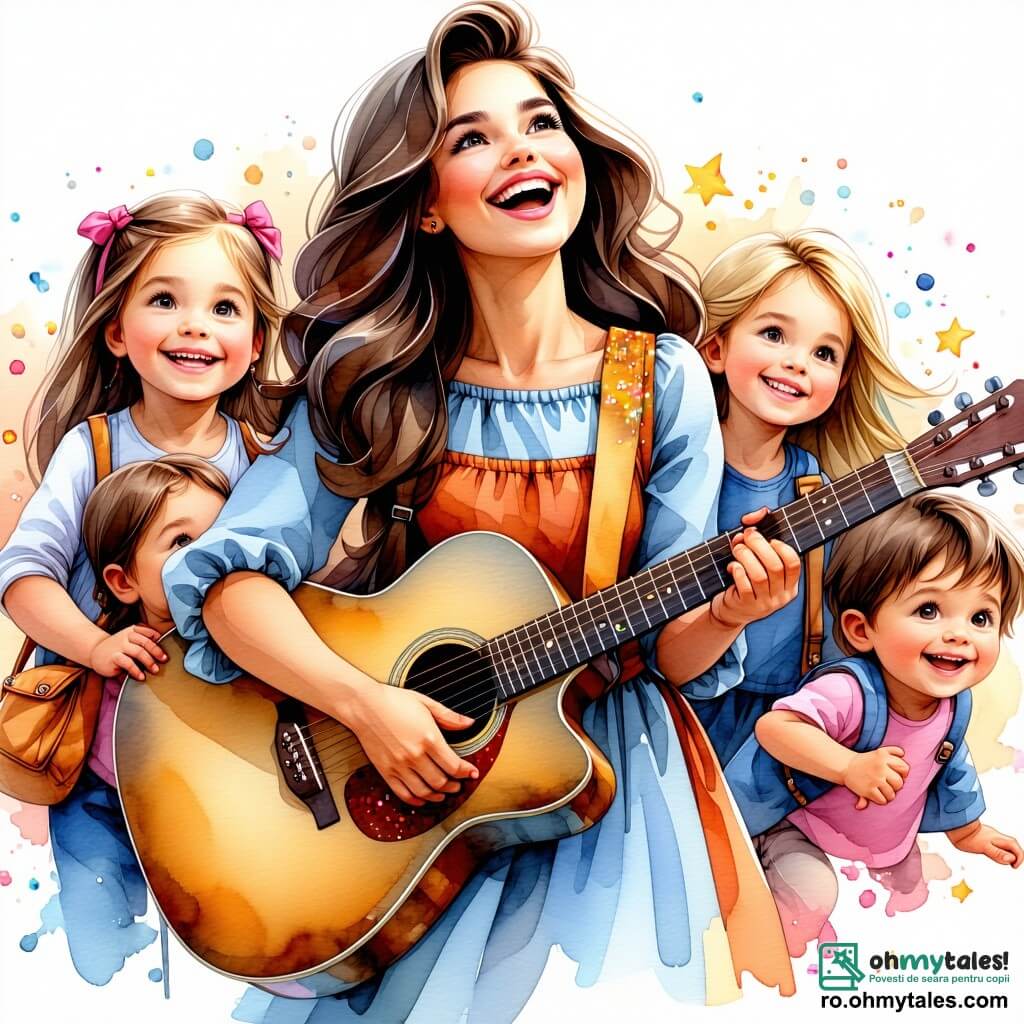 O tânără femeie, Ana, se află în centrul imaginii, cu părul lung, ondulat și brunet, zâmbind radiant. Poartă o rochie colorată și ține o chitară, ochii ei strălucind de entuziasm în timp ce cântă cu pasiune. În jurul ei, un grup de cinci copii, trei fete și doi băieți, cu vârste între 6 și 10 ani, sunt adunați. Mia, o fetiță cu părul blond și ochi strălucitori, ridică mâna cu entuziasm, în timp ce un băiat cu ochelari, Tim, aplaudă în ritm, râzând. Locul este un parc însorit, plin de verdeață, cu arbori majestuoși și flori colorate care dansează în bătaia vântului. Părinți curioși stau în fundal, ascultând cu zâmbetul pe buze. Situația principală o arată pe Ana și copii creând împreună o melodie, fiecare exprimându-și creativitatea, cu note muzicale plutind în jurul lor, ilustrând bucuria și energia colaborării lor muzicale.