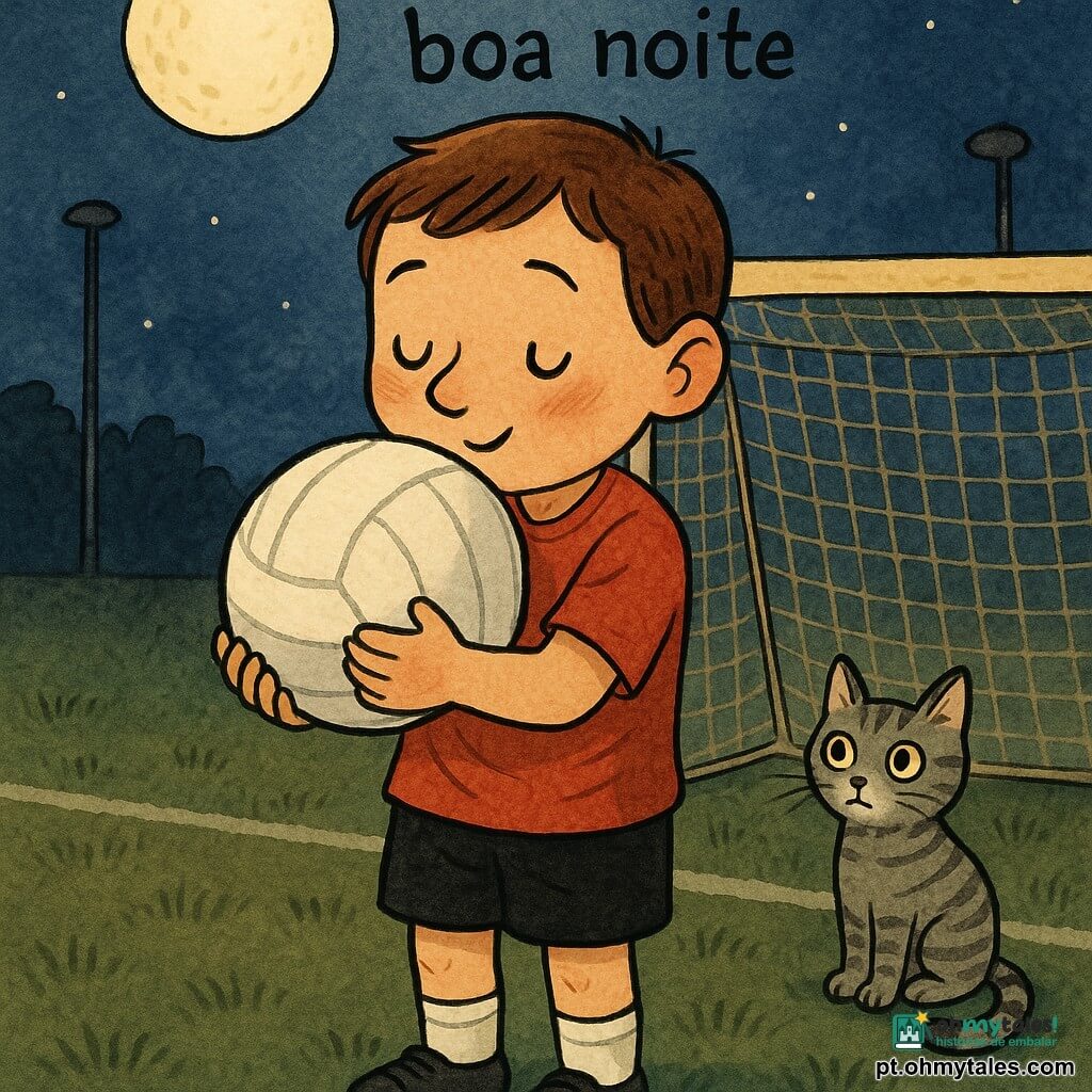 Um homem — Tomás — em pé ao centro, rosto suave e sorridente, olhos curiosos, cabelo curto castanho, camisa de futebol vermelha levemente amassada, calções pretos, segurando contra o peito uma grande bola branca com riscas cinzentas; um pequeno gato tigrado cinzento sentado junto ao poste direito da baliza, olhos verdes redondos, cauda enrolada, olhando Tomás e a bola; lua redonda e brilhante no alto à esquerda, semelhante a uma grande bola branca com textura suave e ligeiramente manchada; relvado verde-escuro desenhado a traços, linha branca da baliza visível, rede bege a ondular; atmosfera noturna calma, céu azul profundo com poucas estrelas, candeeiros apagados, luz suave e sombras longas; Tomás sussurrando "boa noite" à sua bola, postura protectora e terna, bola apertada ao peito, gato e lua como pequenos testemunhos silenciosos; estilo em tinta colorida, traços simples e contornos nítidos, paleta quente para o personagem e tons frios para o céu, texturas leves de aguarela.