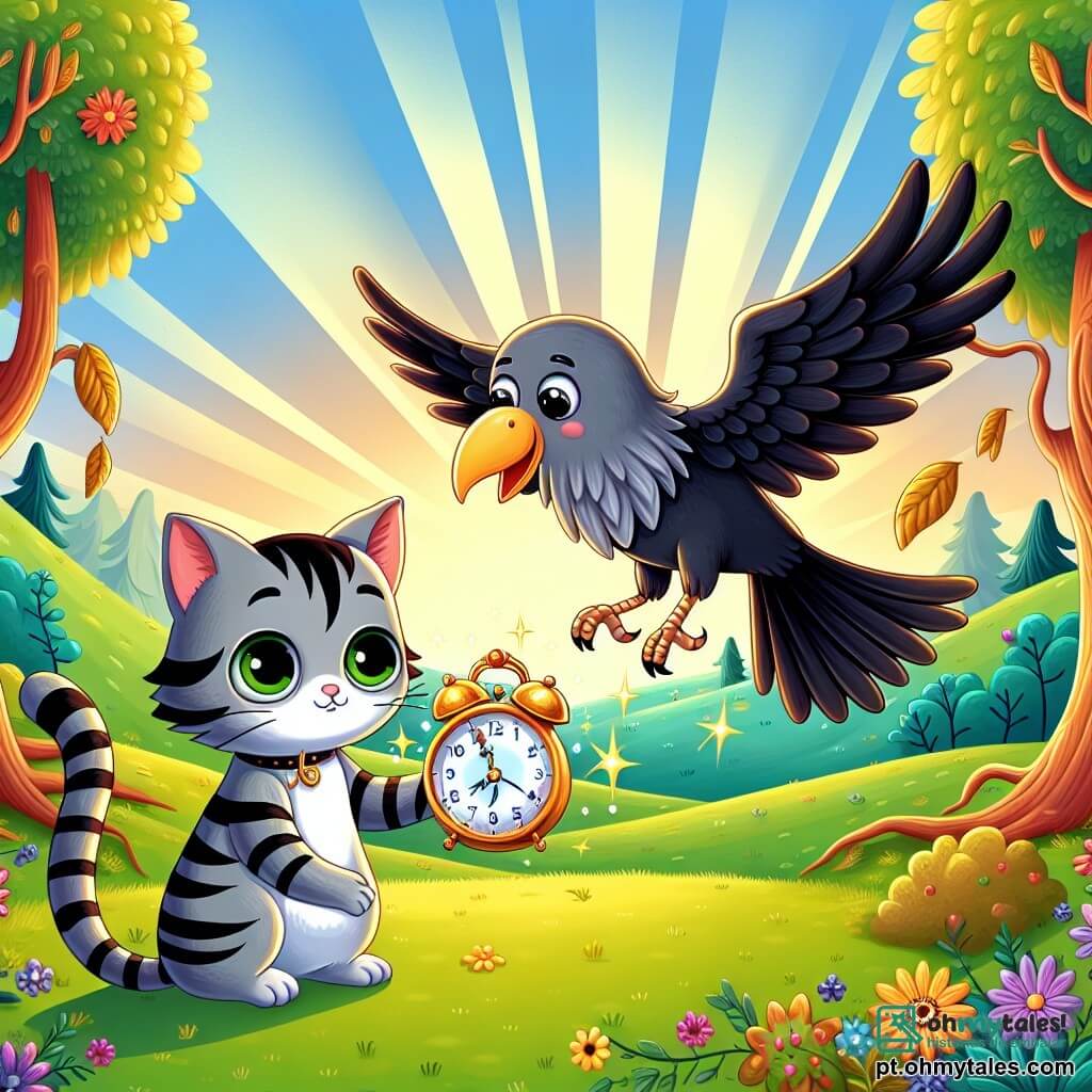 Um gato listrado chamado Mimi, com grandes olhos verdes brilhando de curiosidade e bigodes longos como pincéis, está no centro da cena, segurando delicadamente um magnífico relógio mágico que brilha como uma estrela. Ao seu lado, uma corvo sábia, Dona Gris, com penas cinzas e olhos redondos e penetrantes, voa levemente acima dele, suas asas abertas, expressando gratidão e admiração. Ao fundo, uma colina verdejante é adornada com flores coloridas, e grandes árvores com folhas douradas dançam ao vento, criando uma atmosfera encantada. Mimi, com um sorriso orgulhoso no rosto, mostra o precioso relógio para Dona Gris, que parece encantada, enquanto raios de sol filtram através dos galhos, iluminando a cena com uma suave luz dourada.