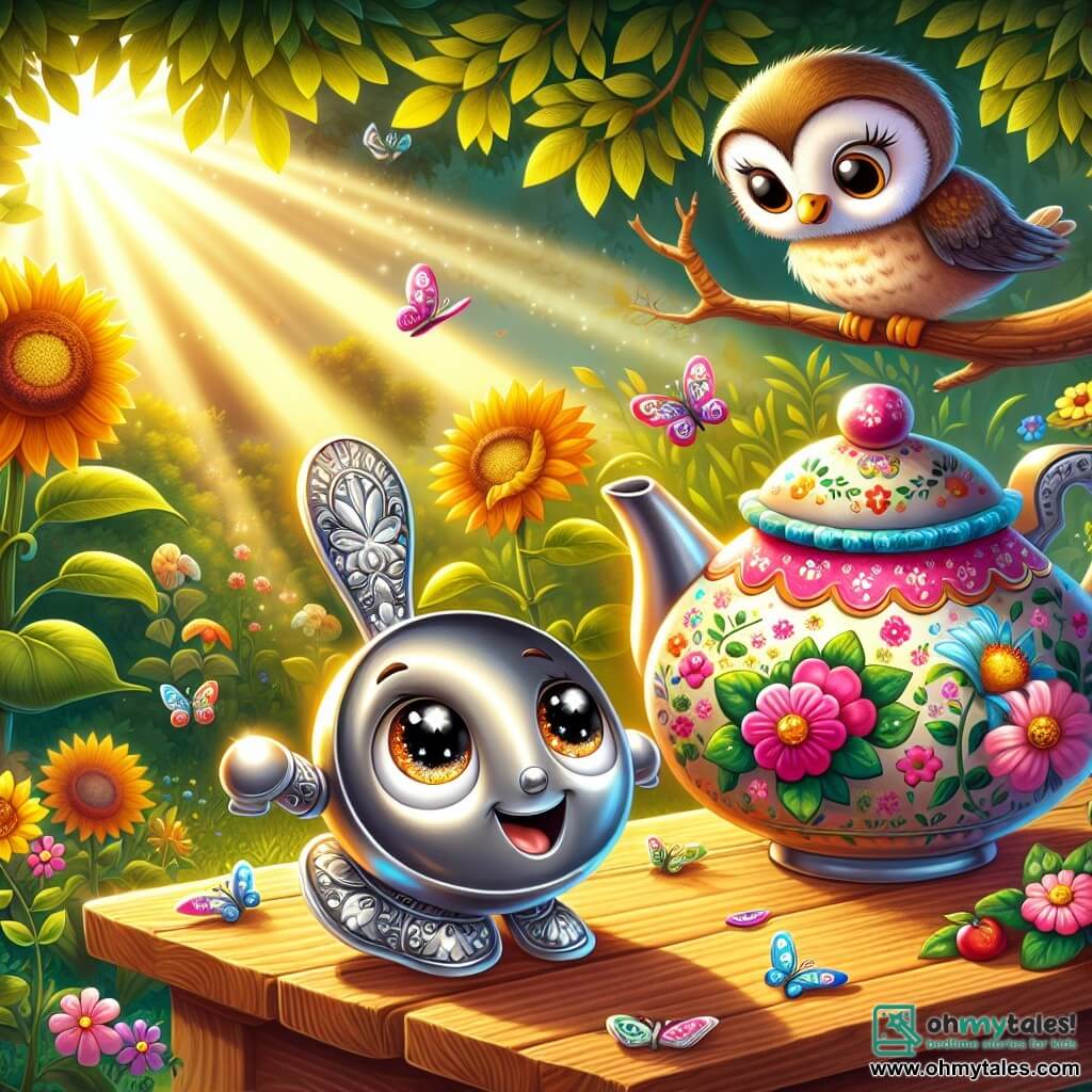 An illustration depicts a small metal character, a little spoon, with a joyful smile and sparkling eyes, standing on a wooden table, ready for adventure, illuminated by rays of sunlight. Next to him is a pretty ceramic teapot with colorful floral patterns, leaning slightly towards the little character as if inviting him to explore the outside world. A wise owl perched on a tree branch, with big round eyes and soft feathers, observes the scene with a kind and curious look, ready to accompany them on their adventure. The main setting is a magical garden filled with vibrant flowers, swaying sunflowers, and colorful butterflies, creating an enchanted atmosphere. The main situation shows the little metal character and the teapot preparing to embark on their adventure while the owl watches them with a smile, all surrounded by the beauty of the sunny garden. Other graphic elements include sunlight filtering through tree leaves, joyful insects flying around, and soft shadows on the ground, adding a touch of magic to this adventure scene.