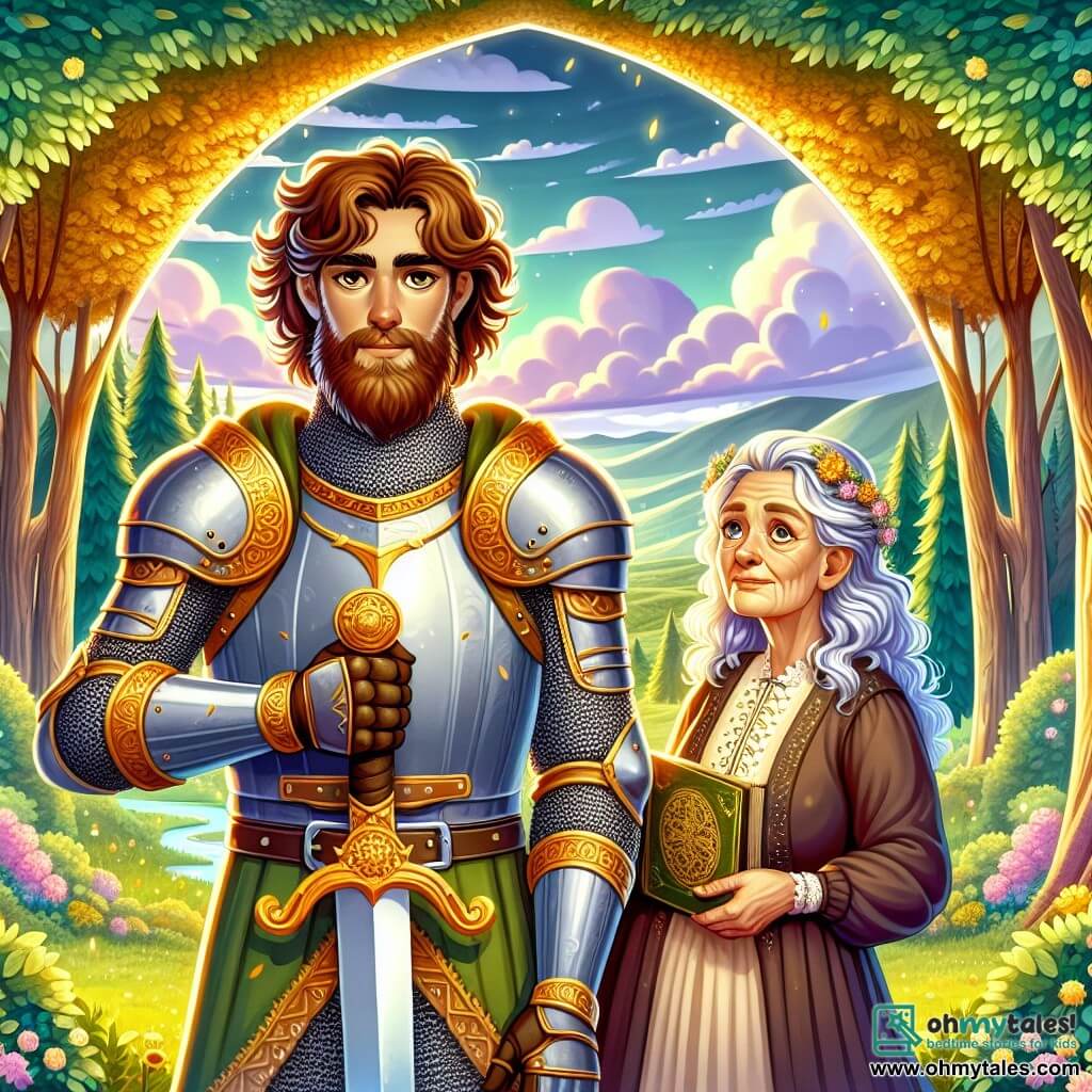 A brave knight, Sir Cedric, stands proudly at the center of the image. He is a man in his thirties with curly brown hair and a well-groomed beard. His shining armor reflects the light, and he firmly holds his sword adorned with golden patterns. His face expresses determination and courage, with a piercing gaze and a slight smile of hope. Beside him, a mysterious old woman, around seventy years old, with silver hair and sparkling eyes, hands him an old sealed scroll. She wears a simple yet elegant dress decorated with floral patterns. The setting is a lush clearing surrounded by majestic trees with golden leaves, under a cloudy sky where a few rays of sunlight break through the clouds. The main situation shows Sir Cedric, determined to uncover the secret of the prophecy, as the old woman hands him the scroll, creating a moment of tension and mystery in this heroic quest.