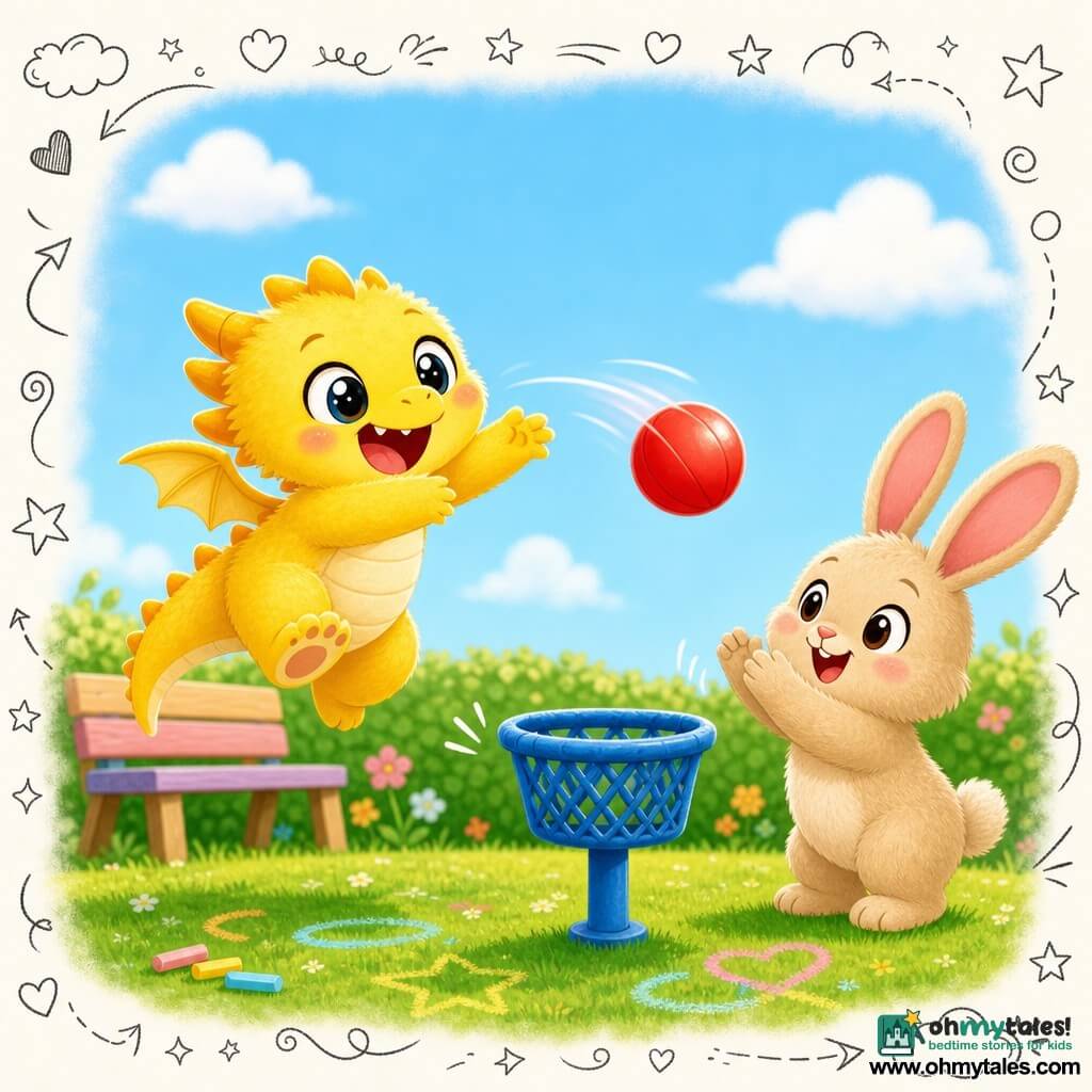 A small fluffy bright-yellow dragon named Sunny, with a wide smile and shining round eyes, joyfully jumps while tossing a shiny red ball toward a small blue hoop; his short wings and chubby paws show enthusiasm. To Sunny's right, Milo, a beige rabbit with soft fur and large pink ears, claps and smiles, ready to catch the ball. In the background, a sunny playground with trimmed green grass, chalk drawings, simple flowers, a small hedge and a pastel wooden bench under a light blue sky with round clouds. Main scene: childlike basketball play, ball frozen midair toward the hoop, bright saturated colors, soft shapes, naive welcoming style with doodle overlays (hearts, stars, motion lines).