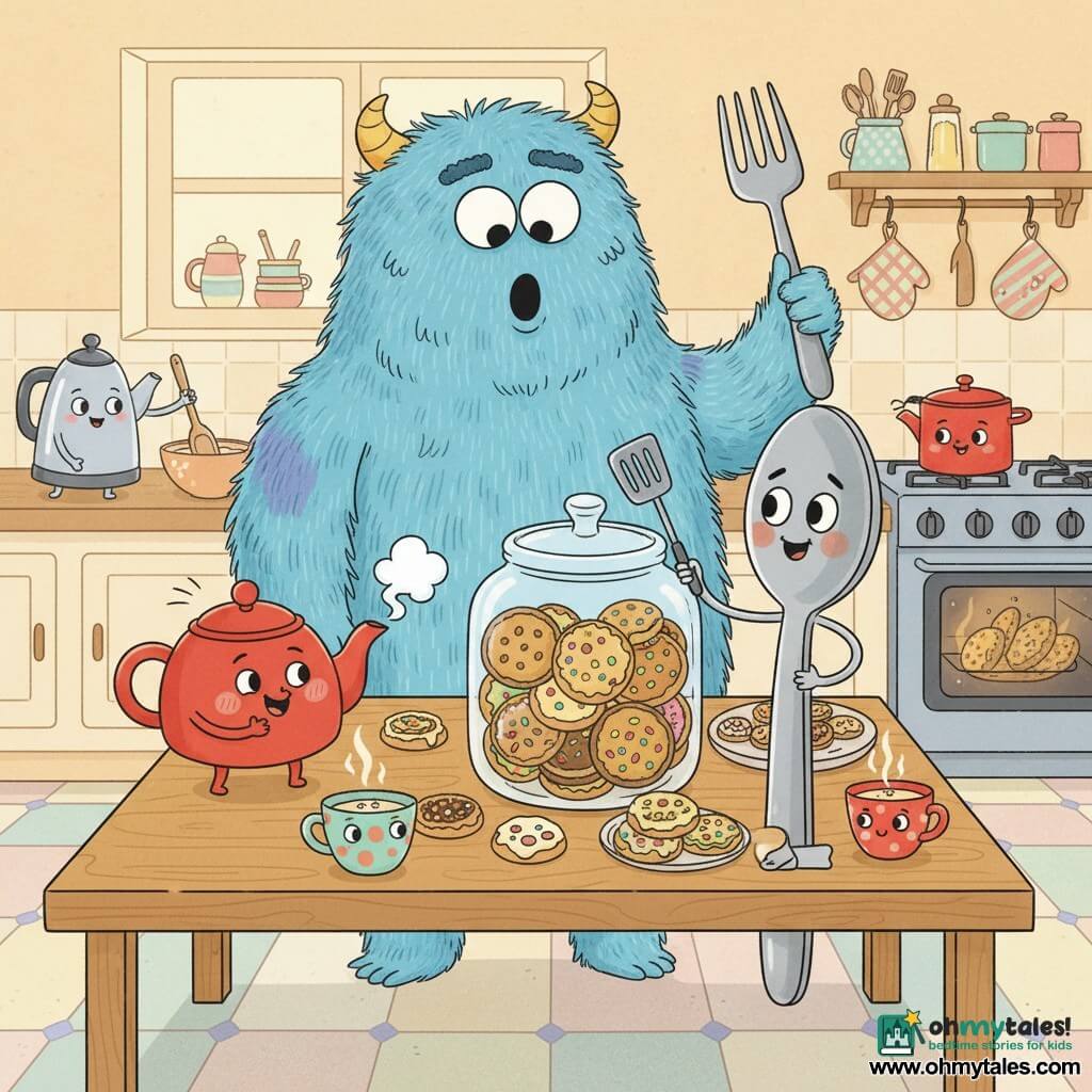 Sammy, a shiny metal spoon with a big round smile and drawn-on eyes, brave and slightly surprised, holds a miniature spatula and waves toward a cookie jar; Tilly, a small plump red teapot with painted rosy cheeks and a smiling whistle, joyful and blowing a puff of steam, sits to Sammy’s left on the counter; the Big Cookie Monster, large and fluffy, blue-furred with big round eyes and an astonished open mouth, stands behind the cookie jar offering a huge fork as a friendly gesture; other kitchen friends include an old silver kettle stirring a wooden spoon and colorful cups clapping around the workspace; the warm, bright kitchen has a light wood counter, pastel tiles, a large glass jar of multicolored cookies in the center, an open oven with patterned mitts nearby and shelves of cute utensils; main scene: a joyful cookie baking contest with characters mixing dough, decorating round funny cookies and sharing golden cookies, comic atmosphere, vivid colors, simple shapes, crisp outlines, and friendly welcoming expressions.
