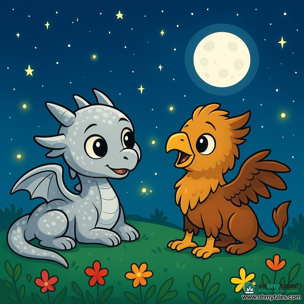 At the top of a lush hill, Liora, a small silver dragon with shimmering scales, lies on the soft grass, her large eyes shining with curiosity and tenderness. She attentively watches a young griffon, Miro, standing beside her, his golden and brown feathers glistening in the moonlight, appearing both shy and determined, ready to sing his first note. The night sky is dotted with twinkling stars, and the full moon casts a gentle silver light over the landscape. Fireflies dance around them, adding a magical touch to the scene. Liora encourages Miro to sing, creating an atmosphere of support and camaraderie. They are surrounded by colorful wildflowers swaying gently in the night breeze, while the sound of crickets resonates in the background, enhancing the melody of the night.