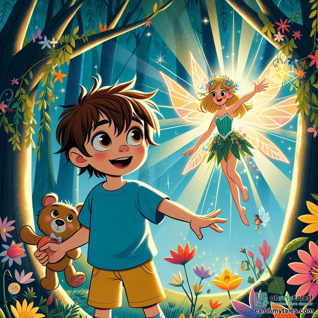 Un niño pequeño de 4 años, llamado Tomás, con cabello castaño desordenado y ojos llenos de curiosidad, se encuentra en el centro de la escena. Lleva una camiseta azul y un pantalón corto amarillo, sosteniendo un osito de peluche en sus brazos, mostrando una expresión de determinación y emoción en su rostro. A su lado, una pequeña hada con alas brillantes, de aproximadamente 10 años, con cabello dorado y un vestido hecho de pétalos de flores coloridas, vuela alegremente, sus ojos brillando de gratitud. Ella está rodeada de un resplandor mágico que ilumina su rostro. El escenario es un bosque encantado, con árboles majestuosos y hojas verdes vibrantes, mientras que flores multicolores crecen a su alrededor, emitiendo una suave luz. Rayos de sol filtran a través de las ramas, creando una atmósfera mágica. La situación principal muestra a Tomás extendiendo la mano hacia una hermosa flor de luna, que brilla como un pequeño sol, mientras una suave brisa hace danzar las hojas a su alrededor. La expresión de Tomás está llena de valor, listo para ayudar a su amiga el hada.