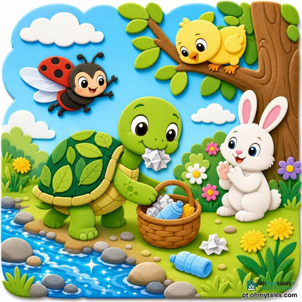 Uma pequena tartaruga verde (personagem principal) de carapaça redonda com padrões em verde claro e escuro, olhos brilhantes e expressão orgulhosa e doce, coloca um papel amarrotado numa pequena cesta de vime; uma joaninha vermelha de pontos pretos voa por cima, sorrindo e incentivando; um coelho branco de pelo fofo aplaude junto a um arbusto; um pintinho amarelo curioso observa do alto de um galho. Cena na margem de um ribeiro cintilante com seixos, relva e flores coloridas, árvores de troncos castanhos e céu azul com nuvens; momento de limpeza e ajuda mútua, atmosfera luminosa, cores vivas, formas simples com contornos grossos e aparência de adesivos de espuma EVA com ligeiro relevo.