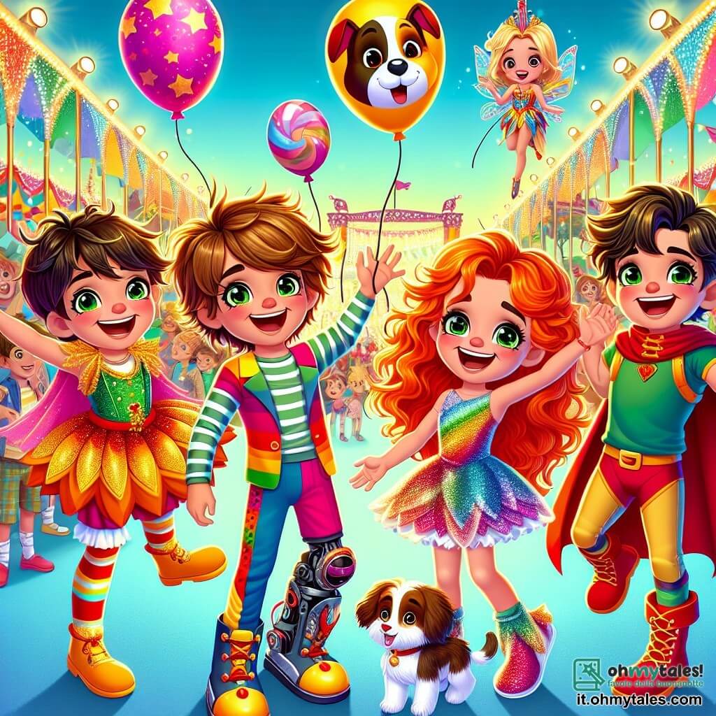 Al centro dell'immagine, quattro amici si riuniscono durante un carnevale colorato. **Ale**, un ragazzo di 10 anni con capelli castani disordinati e un grande sorriso, indossa un costume da clown dai colori vivaci, alzando le braccia in segno di entusiasmo. **Sara**, una ragazza di 9 anni con capelli rossi e occhi verdi, ride mentre tiene un pallone a forma di cane accanto ad Ale. **Giulia**, una ragazza di 10 anni con lunghi capelli lucenti, è travestita da fata con ali scintillanti, danzando felicemente. **Luca**, un ragazzo di 10 anni con una protesi alla gamba sinistra, è vestito da supereroe con un mantello rosso, in piedi con le mani sui fianchi. Sullo sfondo, il carnevale è vibrante con lanterne colorate, carri decorati e persone che ballano, mentre coriandoli volano nell'aria, creando un'atmosfera festosa. I quattro amici, riuniti e felici, godono della magia del carnevale, simboleggiando l'amicizia e la gioia di vivere.