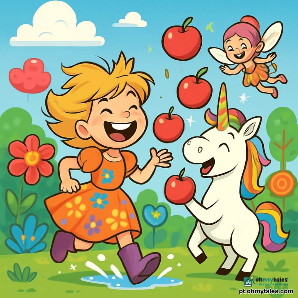 Uma princesa alegre, Mirabela, com cabelos bagunçados na cor dourada e um sorriso radiante, corre por um jardim encantado, suas botas de chuva espirrando gotas de água cintilantes. Ela usa um vestido colorido adornado com flores multicoloridas que dançam ao ritmo de seus movimentos. Ao lado dela, um unicórnio com chifres enrolados como caramelos, e uma crina arco-íris, tenta desajeitadamente fazer malabarismos com maçãs vermelhas brilhantes, rindo de seus próprios fracassos. Uma pequena fada com asas de papel de doce, cabelos rosas e olhos brilhantes, voa ao redor, lançando faíscas de magia que iluminam o jardim. O jardim é um lugar mágico, cheio de flores gigantes de cores vivas, arbustos em forma de corações e árvores com troncos espirais, sob um céu azul radiante salpicado de nuvens em forma de doces. A cena principal mostra Mirabela rindo enquanto tenta fazer malabarismos com as maçãs ao lado do unicórnio, enquanto a fada as encoraja com risadas e faíscas de magia, criando uma atmosfera alegre e lúdica.