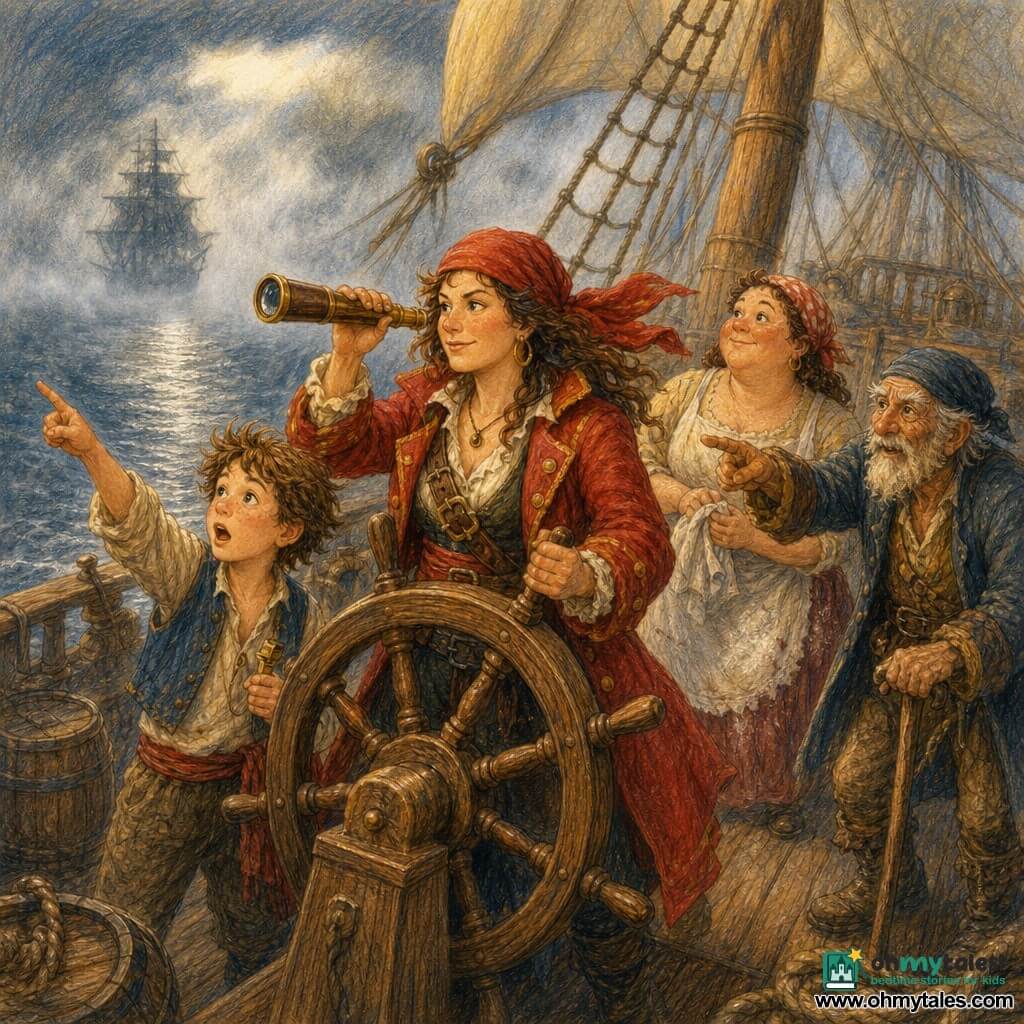 The main character is a female pirate with a round face and mischievous eyes, red scarf blowing, determined stance, holding a spyglass and the tiller, focused and confident with a half-smile (adult woman). A cabin boy of about 12 stands nearby, small and tousled, mouth open in wonder, pointing into the distance with one hand and holding a whistle (boy). A cheerful, plump cook wipes her hands with a cloth, flour on her dress, standing by the wheel watching the horizon (adult woman). An old bearded sailor leans on a cane, wrinkled and wise, pointing toward the fog with a steady, trembling hand (adult man). The scene is on the small wooden deck of the ship Sea Lark with ropes, barrels and tilted sails, a silver-lit sea and grey fog like a curtain; the crew listens to a distant clinking in the mist as a dark ship silhouette and a narrow clear channel of sea appear through the haze; warm colors (red, wood, gold) highlight the crew against cool sea and fog tones (grey-blue, silver).