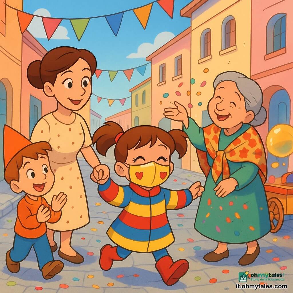 Mila, bambina di 4 anni raggiante e gioiosa, indossa una mascherina dorata con due piccoli cuori e un cappotto a larghe righe rosse, blu e gialle, tiene la mano della madre e fa un passo di danza con un ampio sorriso; la madre, circa 32 anni, capelli castani raccolti in uno chignon, vestito a pois, cammina a destra guardando la figlia con tenerezza; la nonna, circa 65 anni, capelli grigi in chignon basso e scialle a fiori, tiene la mano sinistra di Mila e lancia coriandoli colorati ridendo; Leo, bambino di 6 anni con un cappello appuntito arancione, applaude e si pone un po' avanti a sinistra invitando Mila alla sfilata; strada stretta lastricata con case pastello e festoni triangolari sopra, un piccolo carretto a destra crea bolle di sapone dorate; coriandoli multicolori cadono lievi e una grande bolla di sapone si posa sul cappotto di Mila riflettendo arcobaleni; atmosfera serale luminosa, ombre morbide, colori saturi e tono caldo e festoso.