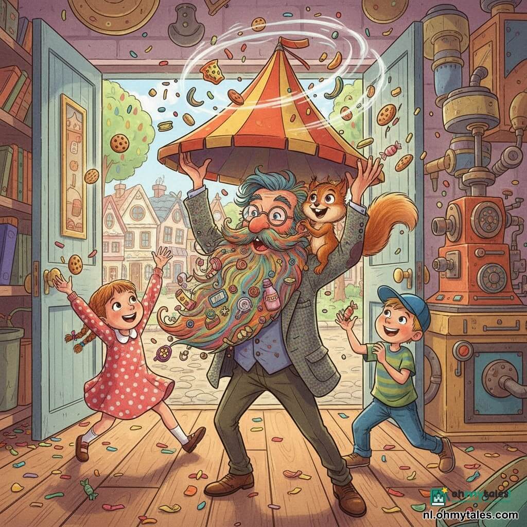 Een uitvinder, professor Flapdrol, glimlachend en verwonderd, met ronde bril en een grote bontgekleurde baard vol kleine voorwerpen, draagt een gevlekt tweedjasje en houdt een enorme open hoed-tent terwijl hij naar de snacks wenkt; zijn assistent Snuitje, een speels jongen-eekhoorntje met ondeugende ogen, hangt aan zijn schouder en springt om een koek te grijpen. Links staat een meisje van ongeveer 7 jaar in een jurk met stippen en vlecht, dat een handvol chips in de hoed gooit; rechts een jongen van ongeveer 8 jaar met een blauwe pet die een zwevende snoep vangt. De scène speelt zich af in het atelier van de professor dat uitkomt op de straat van Wonderdorp: houten vloer, planken vol tandwielen en potten, een roestige maar glanzende machine met buizen en gekleurde knoppen, en door de deur een dorpsplein met suikerhuisjes en regenboombomen. De hoofdactie toont levende snacks (draaide koekjes, springende chips, zwevende snoepjes) in beweging, met kleurrijk confetti overal; alle personages rennen en lachen terwijl ze de snacks in de grote hoed verzamelen, feestelijke, lichte en vrolijke sfeer met felle contrasterende kleuren, heldere lijnen en eenvoudige vormen geschikt voor jeugillustratie.