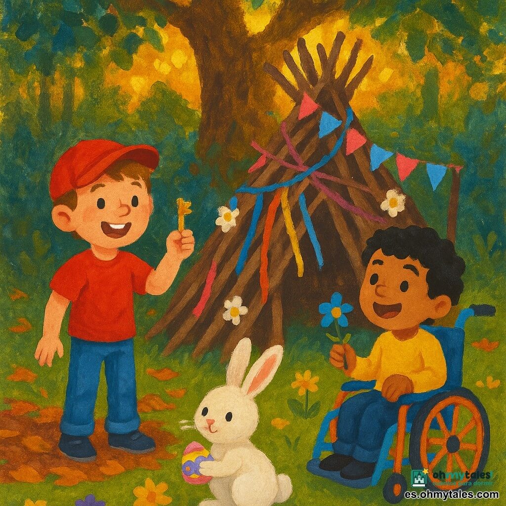 Tres personajes: Lucas, 8 años, con gorra roja y cabello castaño, sonriente y mostrando una pequeña llave metálica brillante; Emiliano, 8 años, piel morena y pelo negro rizado, sentado en una pequeña silla de ruedas colorida y sosteniendo una flor azul mientras mira a Lucas con alegría; y un pequeño conejo blanco de pelaje esponjoso y orejas rosas largas en primer plano entre ambos sosteniendo un huevo de Pascua decorado. En una clara en el bosque al crepúsculo, hierba verde con flores amarillas y violetas y un gran roble detrás de una cabaña central hecha de ramas y cintas coloridas con banderines rosas y azules y flores pegadas. Los amigos acaban de abrir un pequeño cofre en la cabaña y han descubierto un espejo antiguo; Lucas muestra la llave, Emiliano sonríe y el conejo sostiene el huevo como pista. Ambiente alegre y cálido, colores cálidos, trazos de gouache visibles y texturas de pintura espesa.