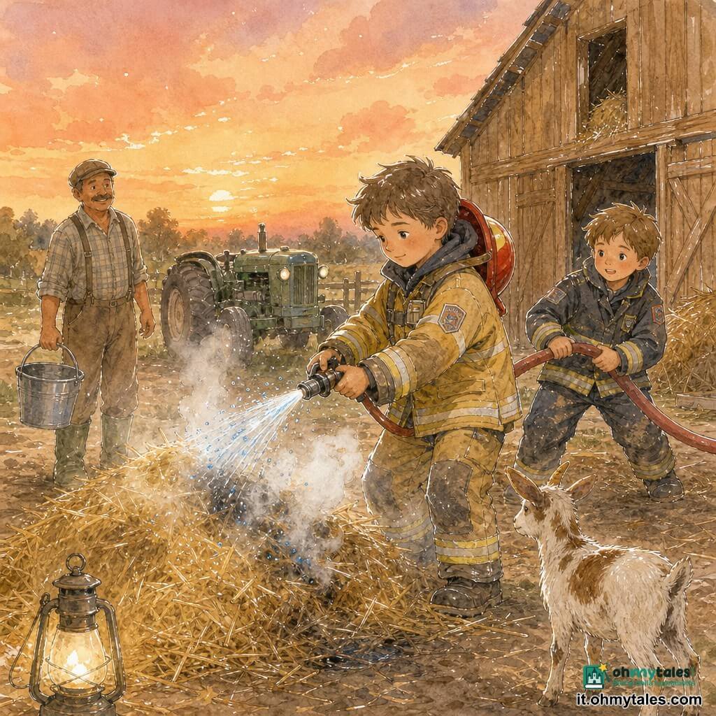 Un pompiere di nome Ettore, volto calmo e concentrato, capelli corti castani, giacca gialla leggermente polverosa e casco rosso spinto sulla nuca, punta un tubo d'acqua alla base di un piccolo incendio di paglia; vicino a lui a destra, leggermente dietro, Nico, giovane di circa 20 anni dal viso energico e uniforme un po' stropicciata, srotola il tubo; a sinistra, a distanza, il signor Lanza, contadino di circa 50 anni dalla pelle abbronzata con pantaloni di tela e stivali, tiene un piccolo secchio con aria sollevata; in primo piano a destra una capretta bianca macchiata di marrone osserva il cumulo di paglia; luogo: piccola fattoria di campagna al crepuscolo con fienile in legno chiaro, paglia dorata, lanterna accanto al fieno, trattore verde sullo sfondo, terreno di terra battuta e erba bassa sotto un cielo arancione pallido; situazione: Ettore irrora delicatamente la paglia fumante con un getto sottile e lucente dal tubo rosso, il fumo grigio si dirada, atmosfera di calma e cooperazione, schizzi d'acqua resi come tocchi di acquerello blu con riflessi bianchi.