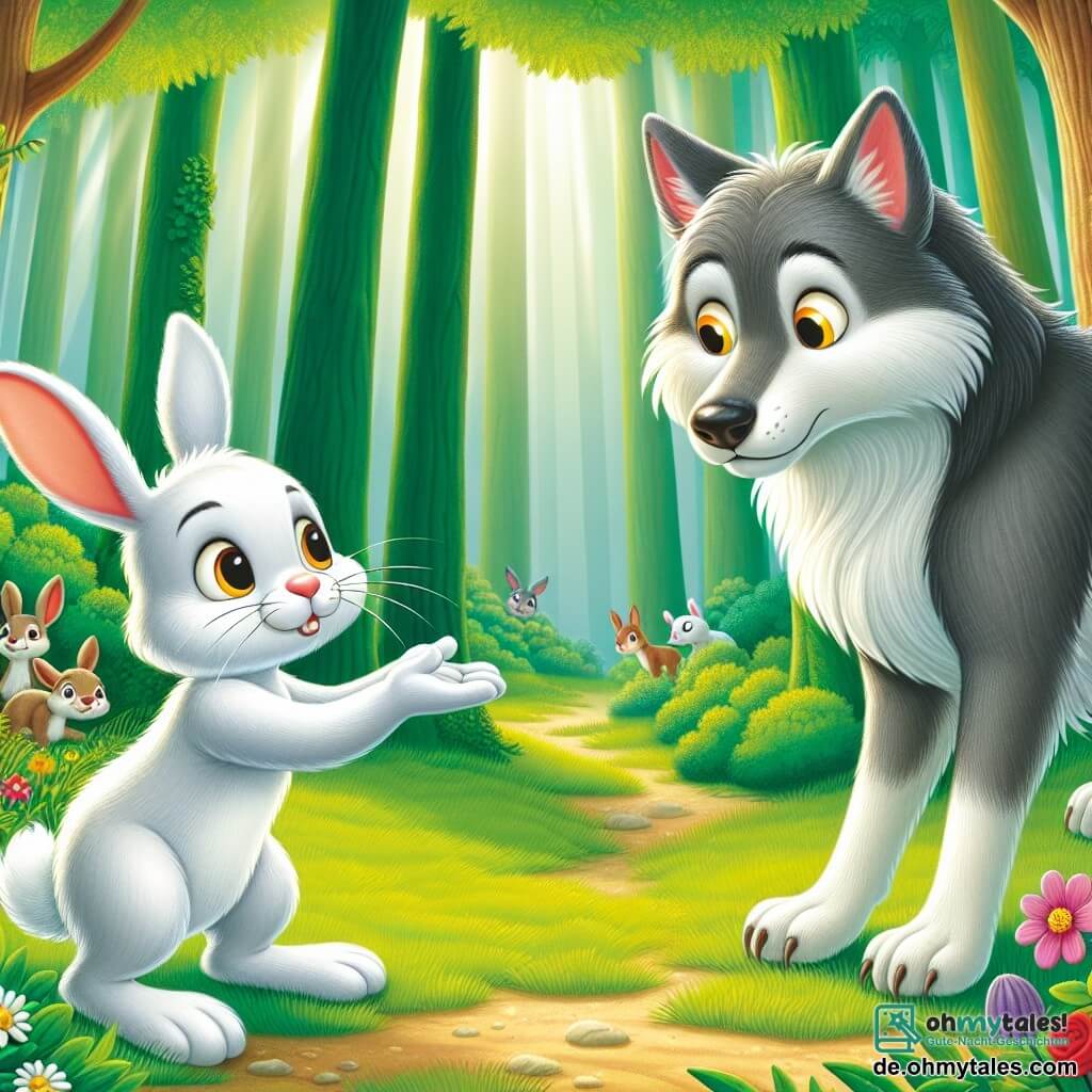 Ein kleiner Hase mit großen Ohren und weißem Fell, neugierigen Augen und einem entschlossenen Lächeln steht mutig vor einem großen grauen Wolf, der überrascht und ein wenig traurig aussieht. Der Hase namens Hoppel streckt eine Pfote in Richtung des Wolfs aus, als wolle er ihm zeigen, dass er Freundschaft möchte. Der Wolf, mit seinen gelben Augen und einem melancholischen Ausdruck, steht leicht im Hintergrund und schaut den Hasen mit einer Mischung aus Erstaunen und Hoffnung an. Die Szene spielt in einer sonnigen Lichtung, umgeben von hohen Bäumen mit leuchtend grünen Blättern, wo bunte Blumen im weichen Gras wachsen. Hoppel versucht, den Wolf zu überzeugen, dass er nicht so böse ist, während die anderen Tiere des Waldes, die sich hinter den Bäumen verstecken, die Szene mit Neugier und einem Hauch von Besorgnis beobachten.