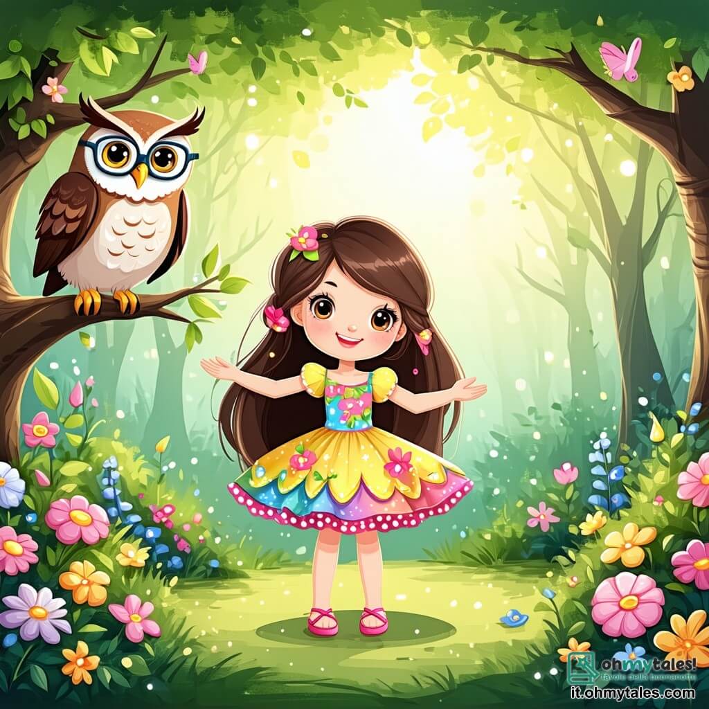 Una bambina di 5 anni, Lila, con lunghi capelli castani e occhi scintillanti di curiosità, si trova al centro di un giardino incantato. Indossa un vestito colorato decorato con fiori e sorride con meraviglia, le braccia aperte come se volesse abbracciare il mondo. Accanto a lei, un vecchio gufo saggio, con piume bianche e occhiali rotondi, è posato su un ramo. Guarda Lila con un'espressione benevola, pronto a trasmetterle la sua saggezza. Il giardino è un luogo magico, pieno di fiori brillanti di tutti i colori, sotto un cielo blu punteggiato di nuvole morbide. Farfalle svolazzano attorno a loro, aggiungendo leggerezza all'atmosfera. La scena principale mostra Lila che fa una domanda al gufo, cercando di capire il significato della felicità, mentre il gufo, con un sorriso saggio, è pronto a offrirle preziosi consigli sulla vita.