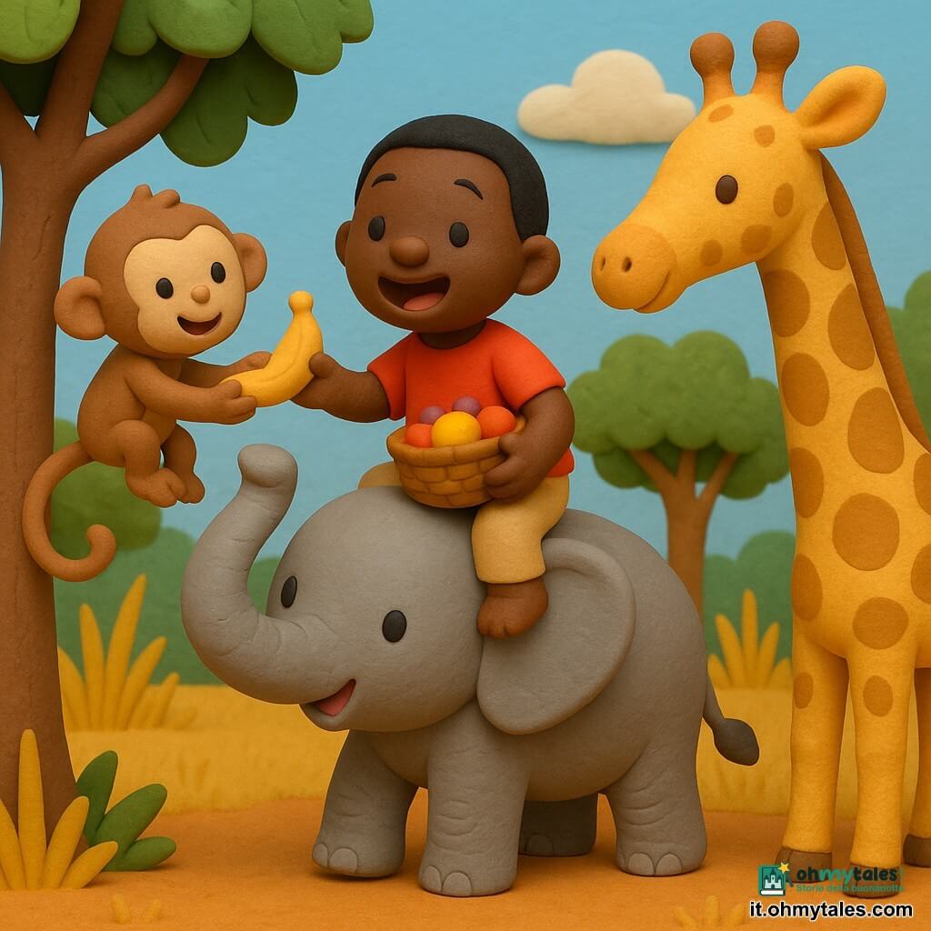 Kofi, uomo dalla pelle bruna e capelli corti neri, con camicia rossa e pantaloni beige sorride seduto sul dorso di un grande elefante grigio dalla pelle liscia e proboscide alzata, tiene un piccolo cesto di vimini con frutta; una scimmietta marrone chiaro gli porge una banana da un ramo e una giraffa slanciata dalle macchie dorate piega il collo per dargli ombra. La scena è una radura ai margini della foresta africana con erba alta dorata, alberi dal tronco bruno e fogliame verde e un cielo azzurro con qualche nuvola; atmosfera calda e serena, colori vivaci, composizione centrata e forme semplici adatte ai bambini.