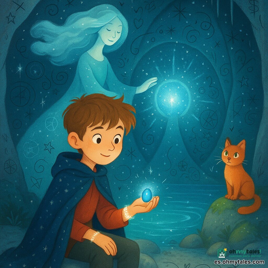 Un joven mago llamado Elio, de rostro curioso y cabello castaño claro despeinado, sentado en una piedra lisa sostiene en la palma una pequeña piedra azul brillante que se transforma en un brazalete luminoso alrededor de su muñeca mientras Saila, una alta y esbelta bruja del viento de piel pálida y cabellos flotantes como nubes, la mira sonriendo y canaliza el viento; al borde de la caverna, el gato Lumbre, pequeño y rufo con ojos verdes, espera sobre una roca cubierta de musgo; la escena ocurre en una gran caverna circular de paredes oscuras salpicadas de luces como estrellas con constelaciones talladas, estalactitas finas, un estanque que refleja recuerdos y un núcleo azul profundo que emite ondas de luz; situación principal: Elio recibe un encantamiento de calma; atmósfera suave en tonos azul noche, turquesa y plata con polvo de estrellas brillante.