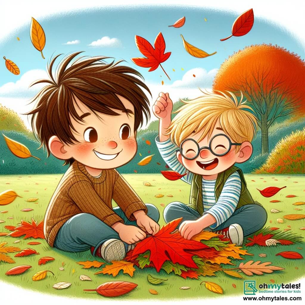 Two little boys, Oliver and Leo, are at the center of the scene. Oliver, a 6-year-old with messy brown hair and a bright smile, holds a large red leaf in his right hand. Next to him, Leo, also 6, with blonde hair and round glasses, raises a yellow leaf above his head while laughing. They are sitting on soft grass, surrounded by colorful leaves falling from the trees. The setting is an autumn park, with a large oak tree featuring golden and copper leaves, and the ground covered in a carpet of multicolored leaves. In the background, the sky is light blue with fluffy white clouds, and the sun shines gently, illuminating the scene with warm light. The main focus shows Oliver and Leo creating a large colorful sun with the leaves they collected. They are focused and joyful, surrounded by scattered leaves, while the wind makes the leaves dance around them, adding a magical touch to their autumn activity.