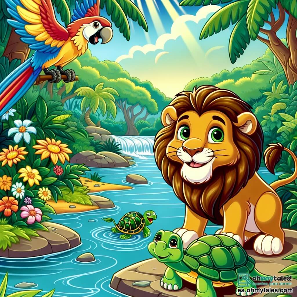 Un león majestuoso llamado Leo, con una hermosa melena dorada que brilla al sol, se encuentra orgulloso y sonriente al borde de un arroyo. Sus grandes ojos brillantes de determinación muestran que está listo para ayudar. A su lado, una tortuga llamada Tula, con un caparazón verde y ojos dulces, lo observa con admiración, sentada sobre una piedra plana, lista para animar a su amigo. En el fondo, un loro colorido, Lolo, con plumas brillantes de rojo, azul y amarillo, vuela alegremente a su alrededor, añadiendo un toque de dinamismo a la escena. El lugar es una jungla exuberante, llena de follaje verde, flores brillantes y un arroyo que serpentea a través del paisaje. En esta situación principal, Leo utiliza su fuerza para liberar un pez atrapado en una vieja red de pesca, mostrando así su valentía y amabilidad hacia los demás animales del bosque.