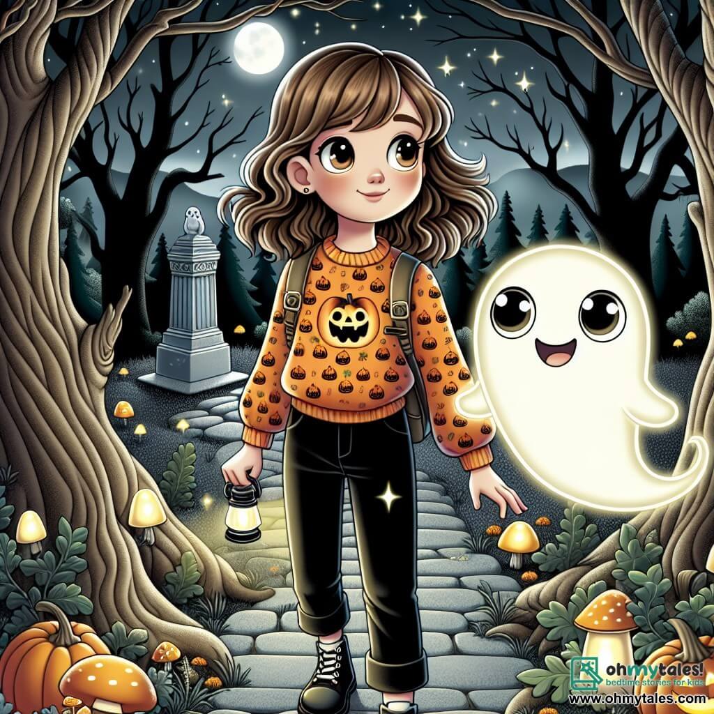 A 12-year-old girl named Lily stands at the center of the scene, her eyes shining with curiosity and excitement. She has wavy brown hair, wearing an orange sweater with a pumpkin pattern and black pants. She holds a small flashlight, lighting the path ahead, while a slight smile brightens her face. Beside her floats a small ghost named Casper, who is a friendly, translucent, glowing ghost with large round eyes and a mischievous smile. He seems to encourage Lily, ready to accompany her on her adventure. The setting unfolds in an enchanted forest, where twisted trees with slender branches rise towards the night sky. Luminescent mushrooms and sparkling fireflies light up the ground, creating a magical and mysterious atmosphere. The moon shines high in the sky, casting a soft silver light on the scene. Lily and Casper head towards a stone pedestal in the clearing, where the golden crown of the Pumpkin King rests. They are on a quest to retrieve the crown, surrounded by the aura of mystery and adventure that fills Halloween night.