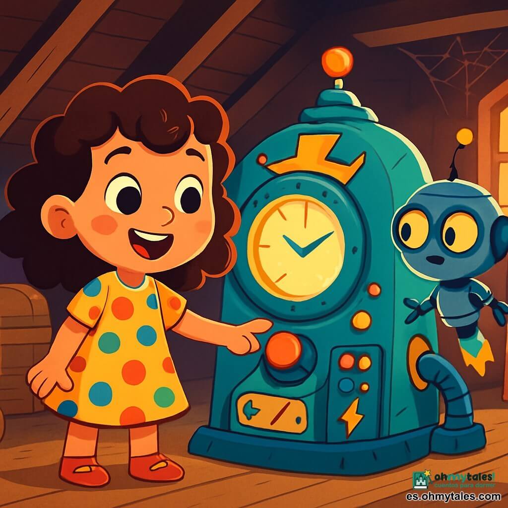 Una niña de 6 años, con cabello rizado y ojos llenos de curiosidad, se encuentra frente a una brillante máquina del tiempo. Lleva un vestido de lunares coloridos y muestra una gran sonrisa de emoción. Junto a ella, una pequeña criatura robótica, Tiki, con un cuerpo metálico y ojos luminosos, flota en el aire, lista para acompañarla en su aventura. El escenario se desarrolla en un viejo desván lleno de tesoros olvidados: baúles polvorientos, juguetes antiguos y telarañas brillantes bajo la luz tenue de una ventana. La niña, asombrada, se prepara para presionar el botón rojo de la máquina, impaciente por comenzar su viaje en el tiempo.