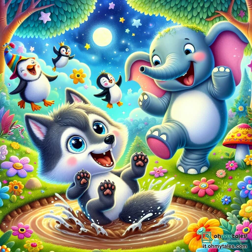 Un piccolo lupo di nome Lupoletto, con il pelo grigio e occhi scintillanti di curiosità, ride gioiosamente mentre scivola in una pozzanghera, spruzzando acqua intorno a sé. Vicino a lui, un divertente pinguino, con la pancia rotonda e un cappello colorato, ride a crepapelle, con le ali sollevate, mentre un elefante felice, con grandi orecchie e un sorriso splendente, si prepara a fare un passo di danza, le zampe in aria. Lo scenario è un mondo magico e colorato, pieno di alberi dalle foglie multicolori, fiori giganti e animali danzanti, sotto un cielo blu brillante con nuvole a forma di caramelle. La scena principale mostra Lupoletto mentre scivola nella pozzanghera, circondato dai suoi amici che ridono e danzano, creando un'atmosfera gioiosa e ludica, perfetta per una storia divertente prima di dormire.
