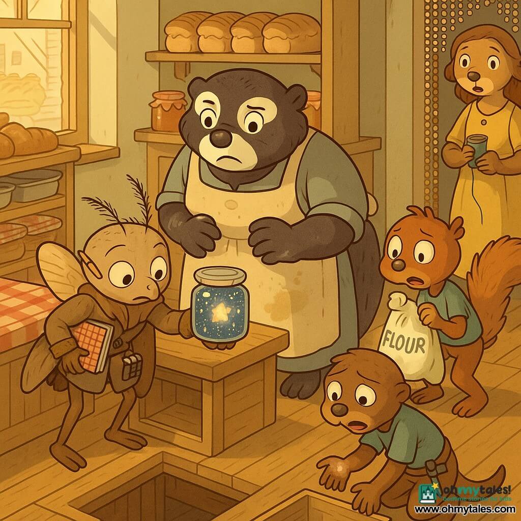 Milo, a small bedraggled anthropomorphic moth detective with a gentle, focused face, holds a jar of starry jam at the counter, notebook under his wing, pencil behind his ear and metal clips in his pocket, determined and attentive; Mrs. Briar, a plump badger baker with floury hands and a stained apron, stands behind the counter looking both angry and worried; Pip, a nervous little squirrel with guilty eyes, holds a spilling bag of flour slightly behind to the right; Skiff, an embarrassed young otter with sticky hands and a tool at his belt, crouches by an open wooden crate that hid the jar, ashamed but ready to help; Nora, a gentle otter seamstress, stands by a beaded curtain holding green thread, surprised but forgiving. Interior: warm beige bakery with wooden shelves of shiny jars, metal trays, checkered cloths and varnished floorboards with an open hatch, golden light through the window, floury sweet atmosphere. Scene: Milo displays the starry jam on the counter center stage while the others form a semicircle showing guilt, forgiveness and relief, medium shot with a slight top-down angle to reveal the counter and open hatch, clear-line style, saturated soft colors, crisp lines and visible wood and sparkling sugar textures, warm optimistic mood.