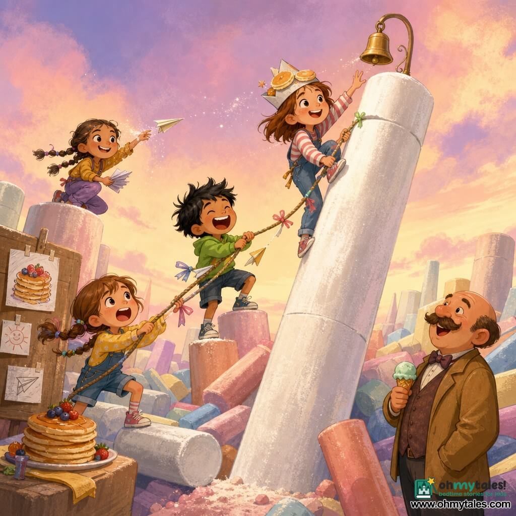 An 8-year-old girl, joyful and determined with chestnut hair in rebellious wisps and laughing eyes, wearing a paper "pancake hat," climbs a large rope tied to the top of an enormous white chalk stick and reaches for a small golden bell. Pippa, an 8-year-old girl, worried but encouraging with brown pigtails, holds the rope at the bottom and calls encouragements in front of a pile of shared pancakes. Benji, an enthusiastic 8-year-old boy with messy black hair, laughs loudly and holds one end of the rope while hopping on a small chalk block nearby. Nia, a focused and mischievous 7-year-old with braided hair, launches paper airplanes marked with jokes from a small chalk promontory set back. Mr. Bumble, about 50, bald with a rounded mustache, smiles from the base of the chalk stick holding a mint-green ice cream cone. The playground is made of giant stacked chalk sticks in pastel, powdery textures with chalk dust drifting like glitter, paper posters on a wooden board, and a soft twilight sky. The scene: a playful group ascent of the tallest chalk stick called "Big White," the rope decorated with ribbons and paper planes, children singing and laughing, a lively, joyful, motion-filled moment as the girl reaches to ring the little golden bell.